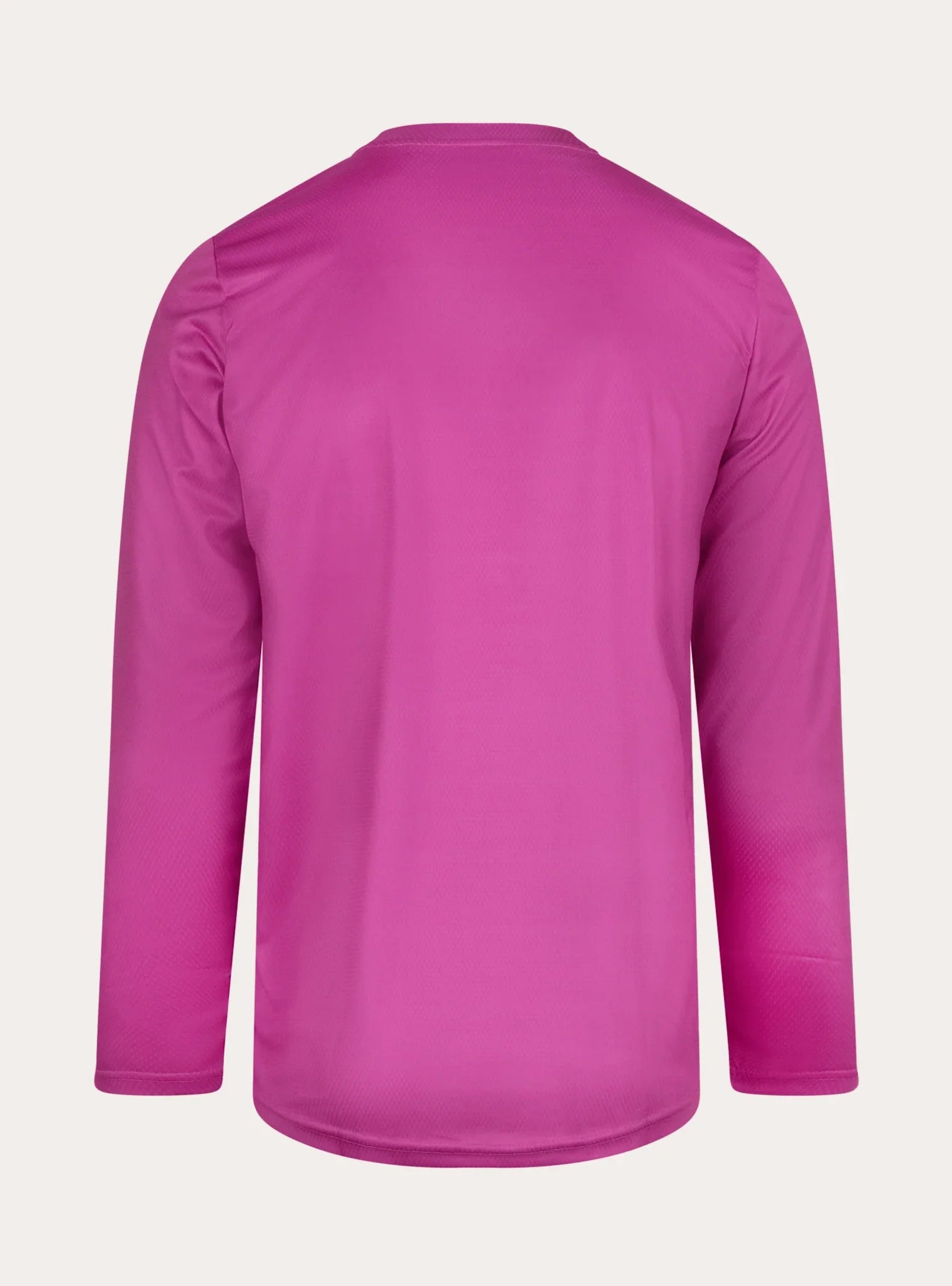 Back view of berry pink long-sleeve women's MTB jersey, sustainable mountain bike apparel