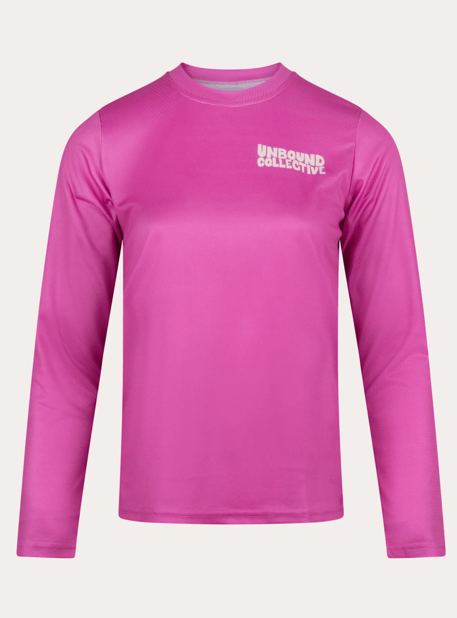 Bright pink long-sleeve women's mountain bike jersey with Unbound Collective logo on chest