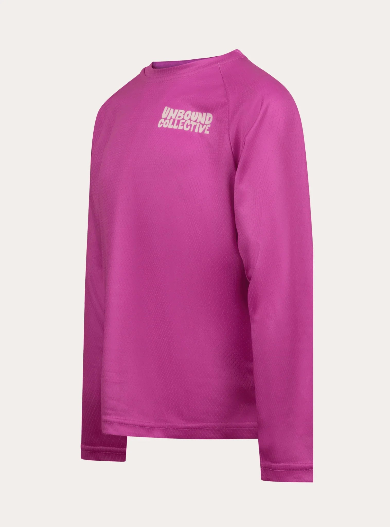 Berry pink sustainable youth mountain bike jersey with long sleeves and white Unbound Collective logo
