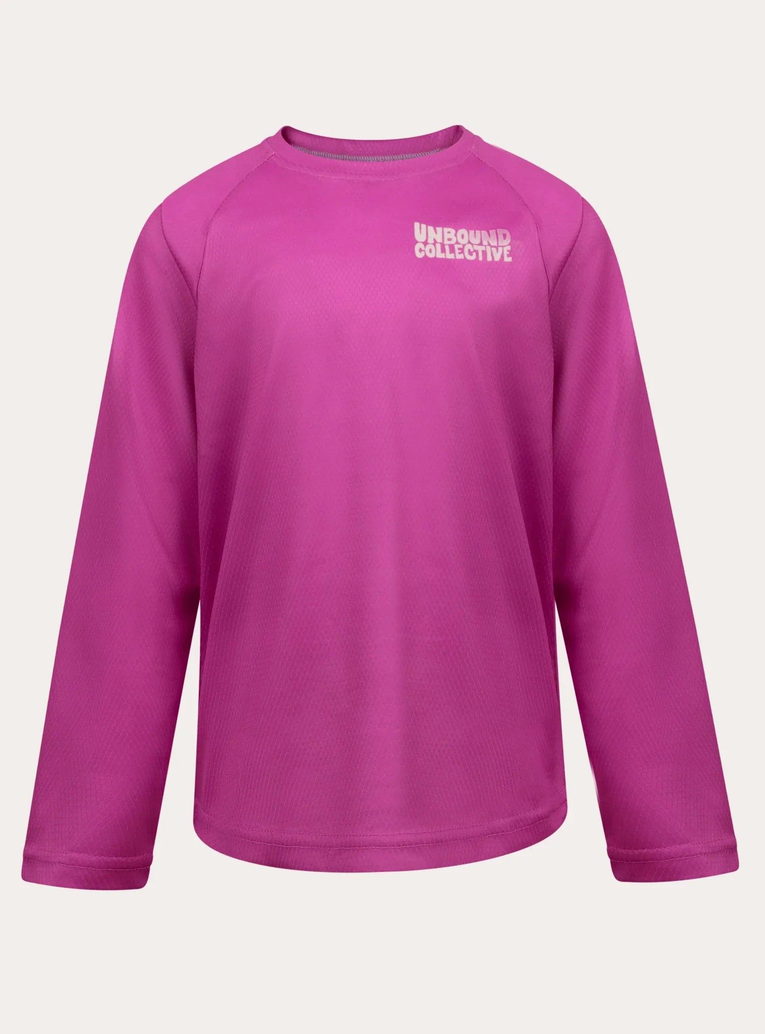 Berry-colored youth mountain bike long sleeve jersey with Unbound Collective logo