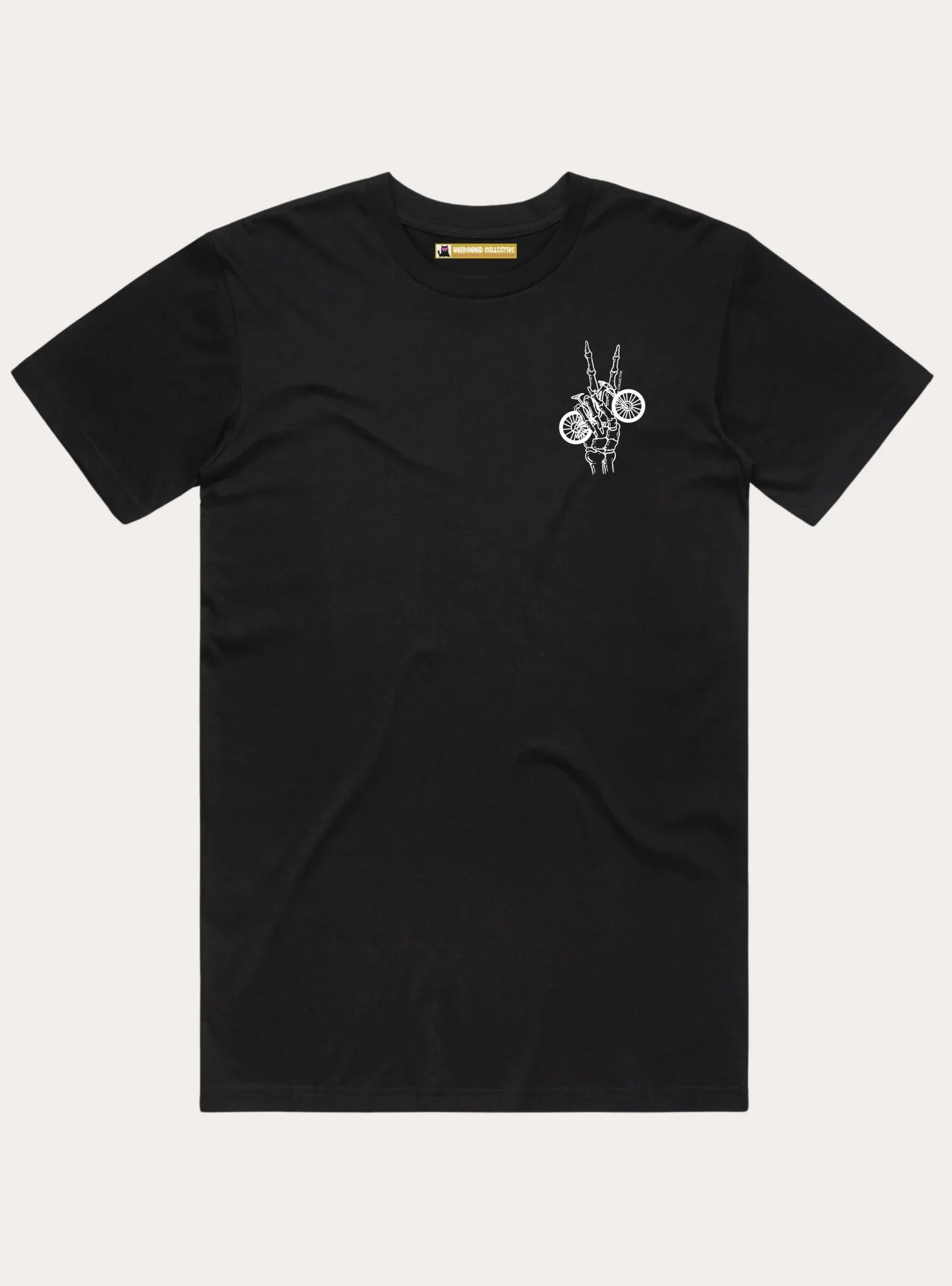 Black men's T-shirt with small white skeleton hand making peace sign holding bicycle wheels graphic