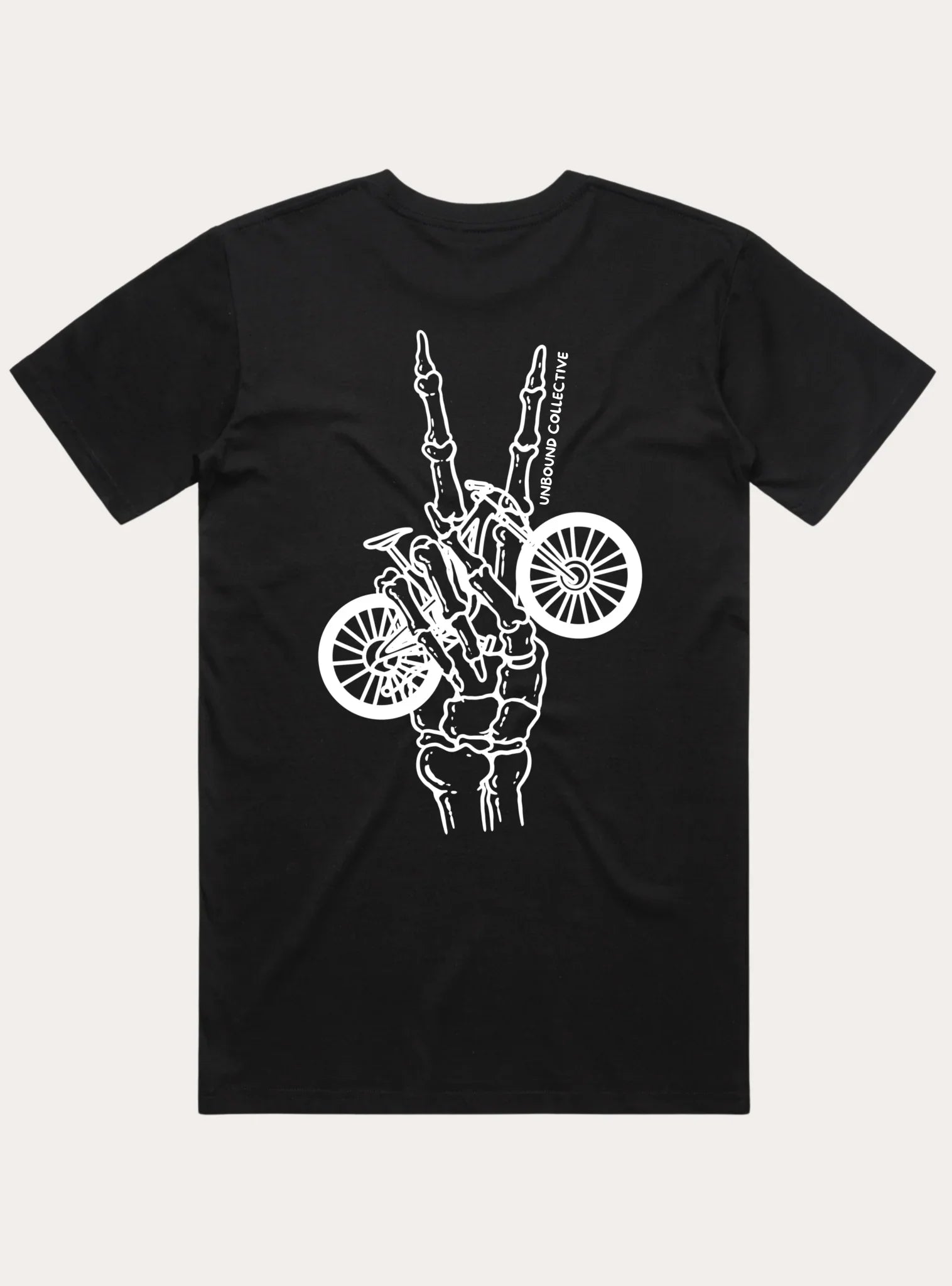 Black men's tee with white graphic of skeleton hand holding mountain bike and Unbound Collective text