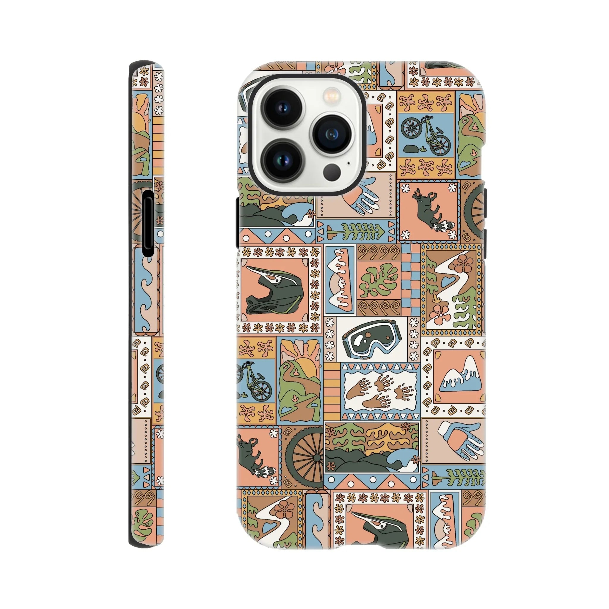 Phone case with colorful mountain bike-themed patchwork design featuring helmet, goggles, gloves, bike, and mountain motifs