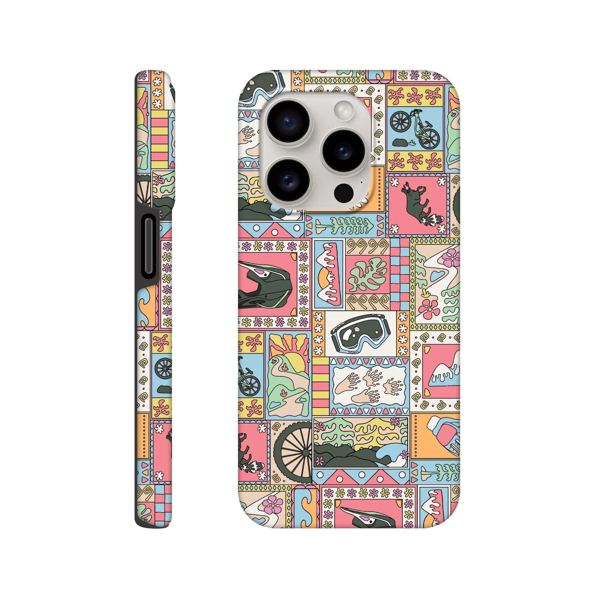 Colorful mountain bike themed phone case with helmet, goggles, bike wheel, and nature designs
