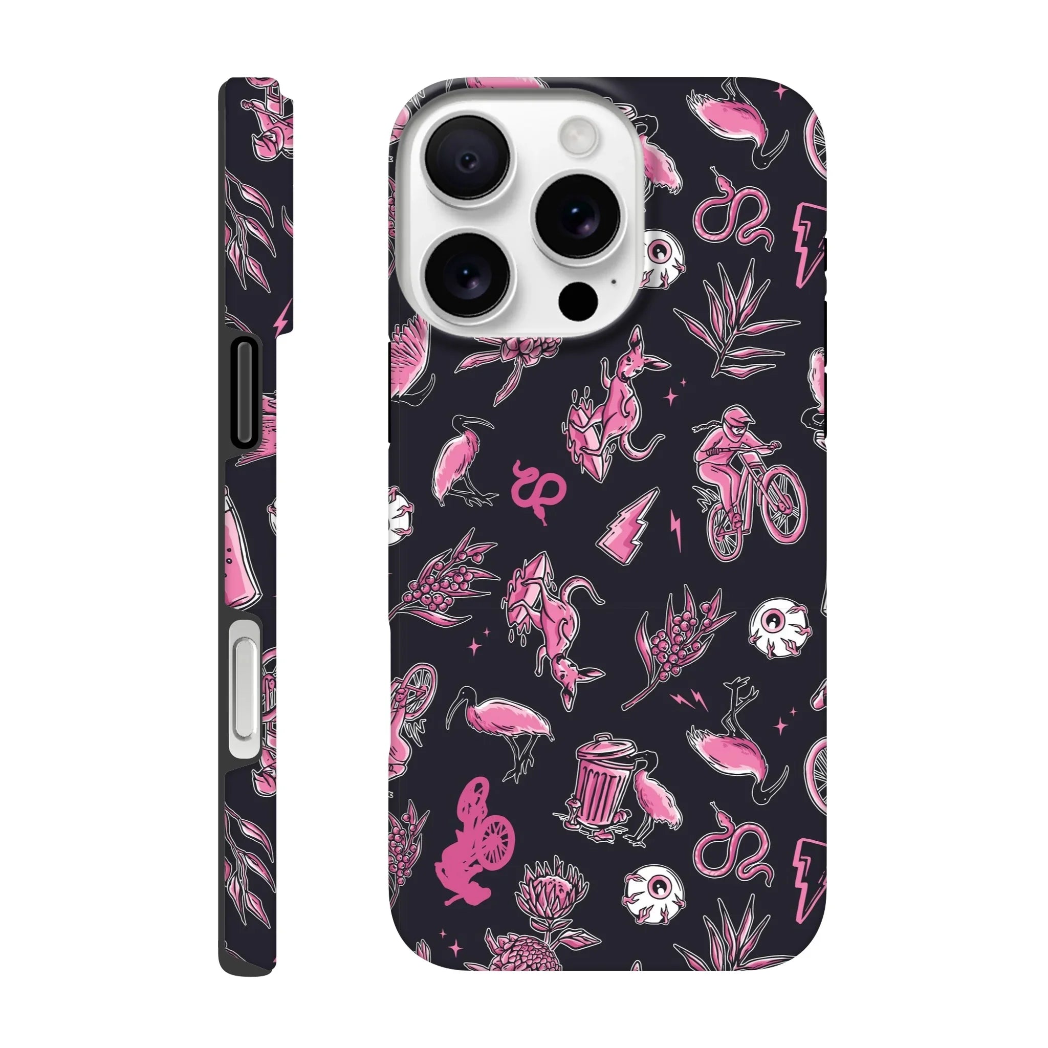 Phone case with black background featuring pink and white mountain biking and nature-themed illustrations including bikers, kangaroos, birds, plants, and lightning bolts