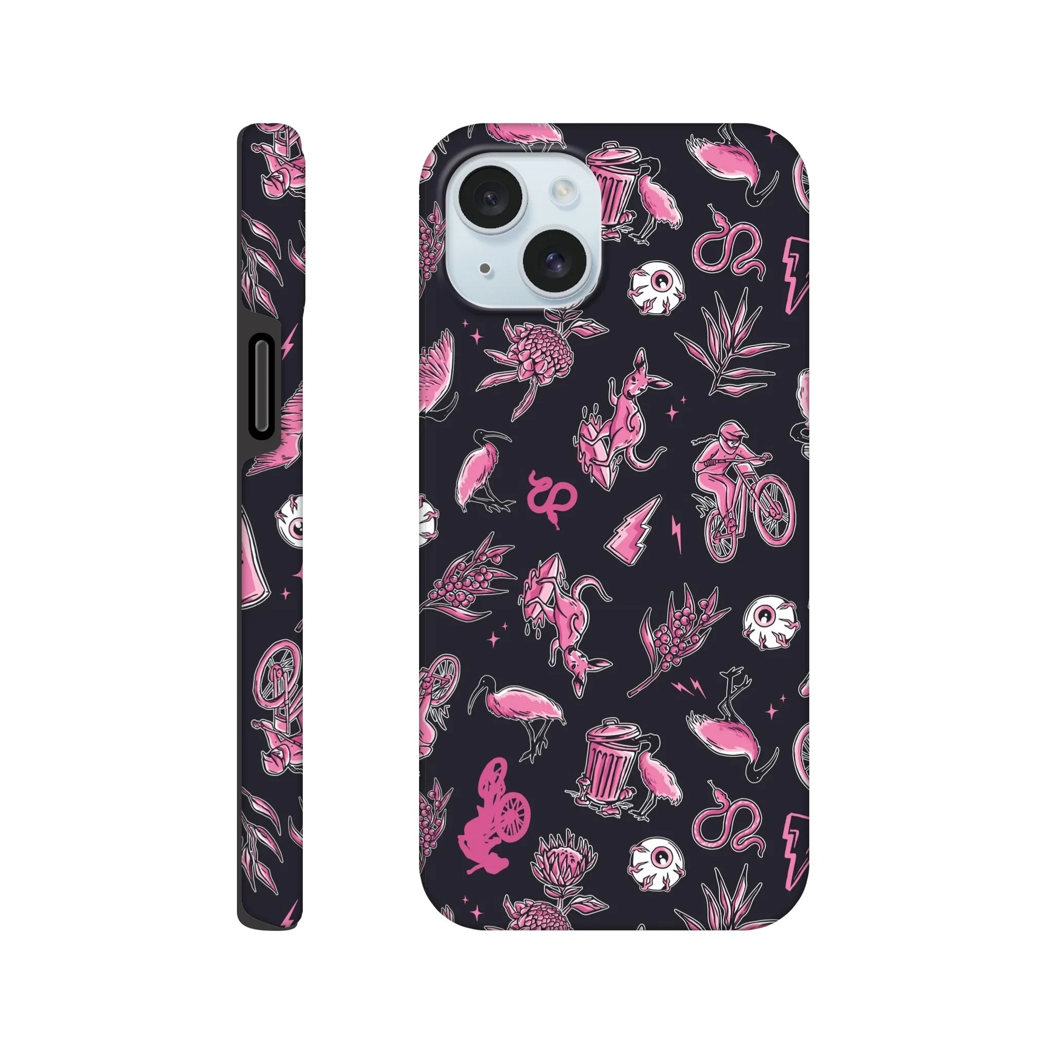Black phone case with pink mountain bike rider, kangaroo, flamingo, flowers, and skull pattern