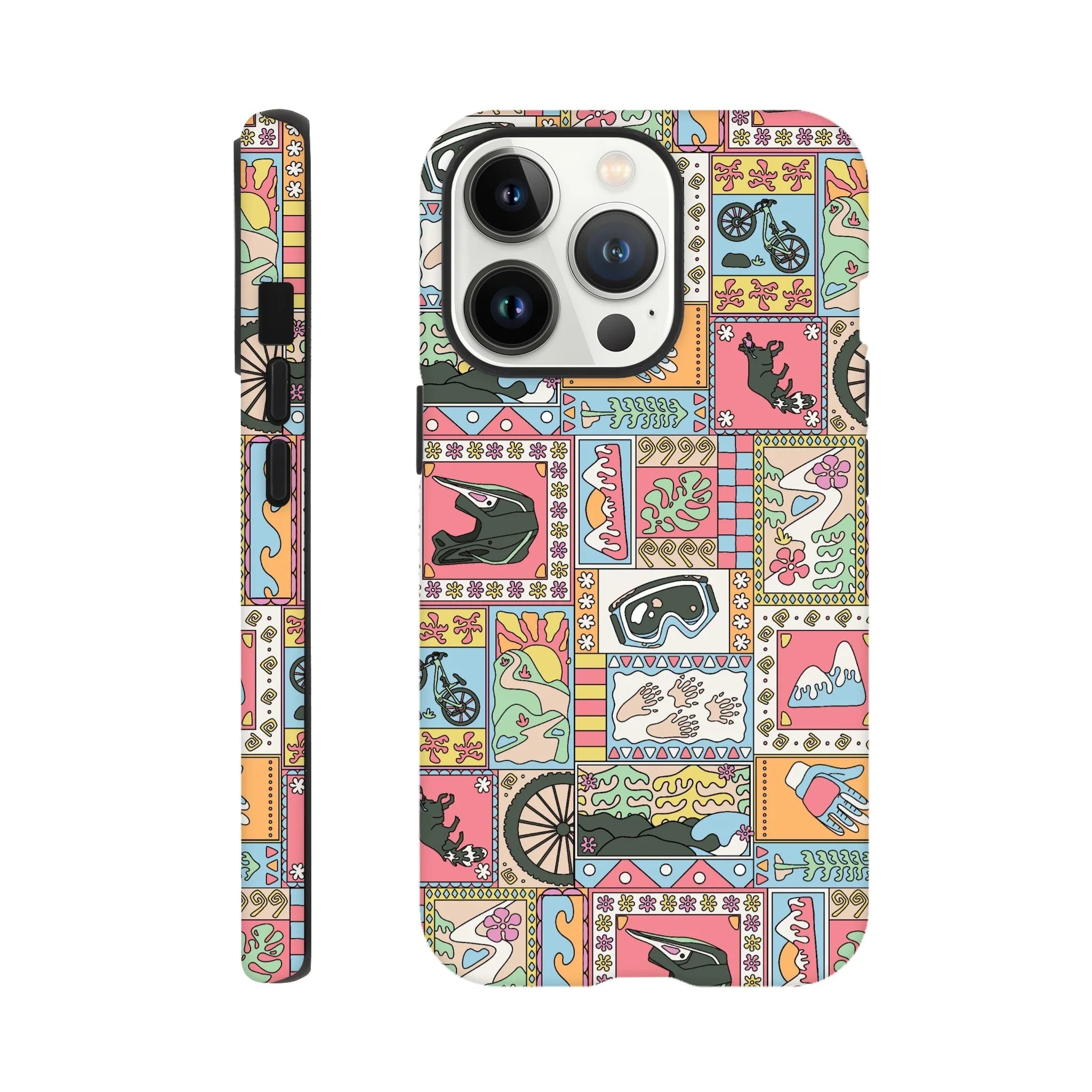 Colorful mountain bike-themed phone case with helmet, goggles, bike, gloves, and landscape illustrations