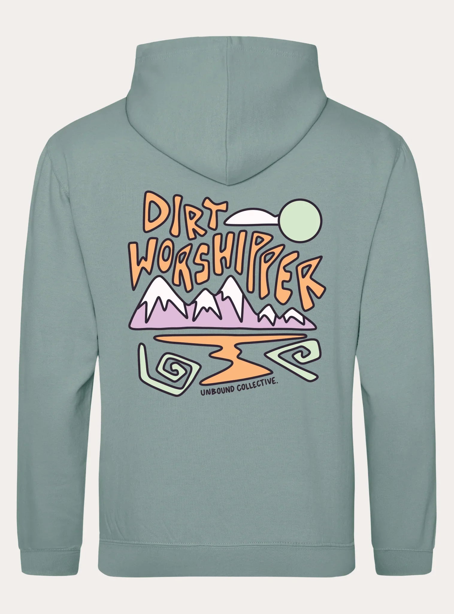 Back of sage green hoodie with colorful mountain graphic and text Dirt Worshipper by Unbound Collective