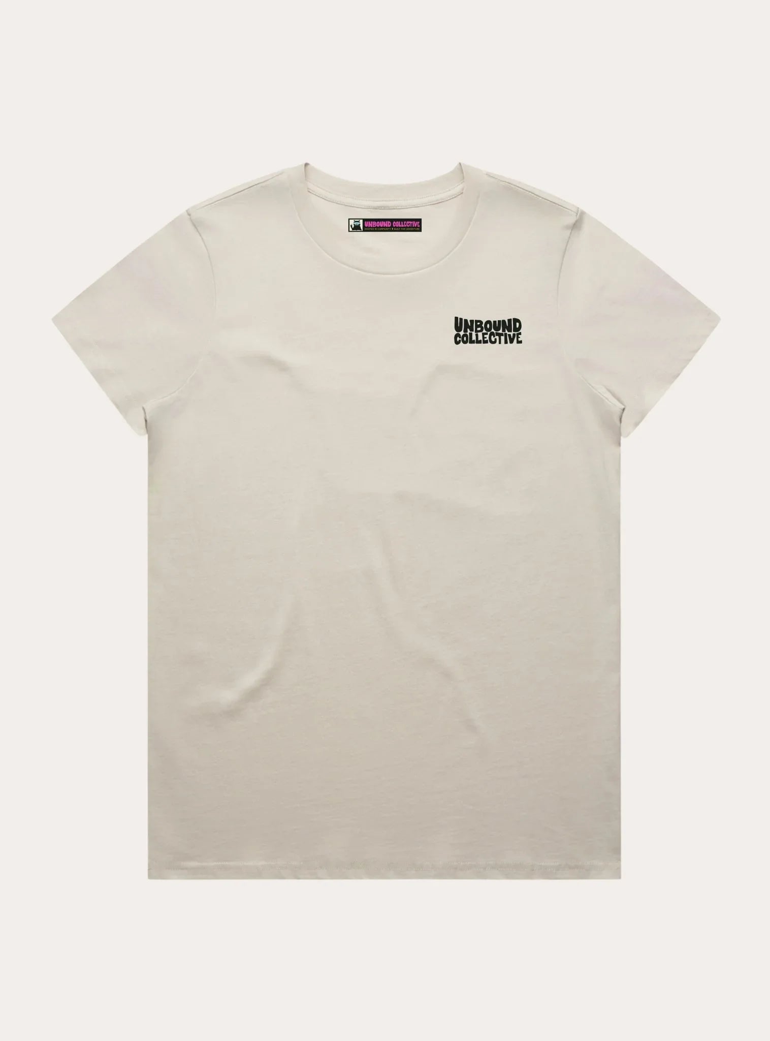 Off-white sustainable cotton t-shirt featuring small black Unbound Collective logo on chest