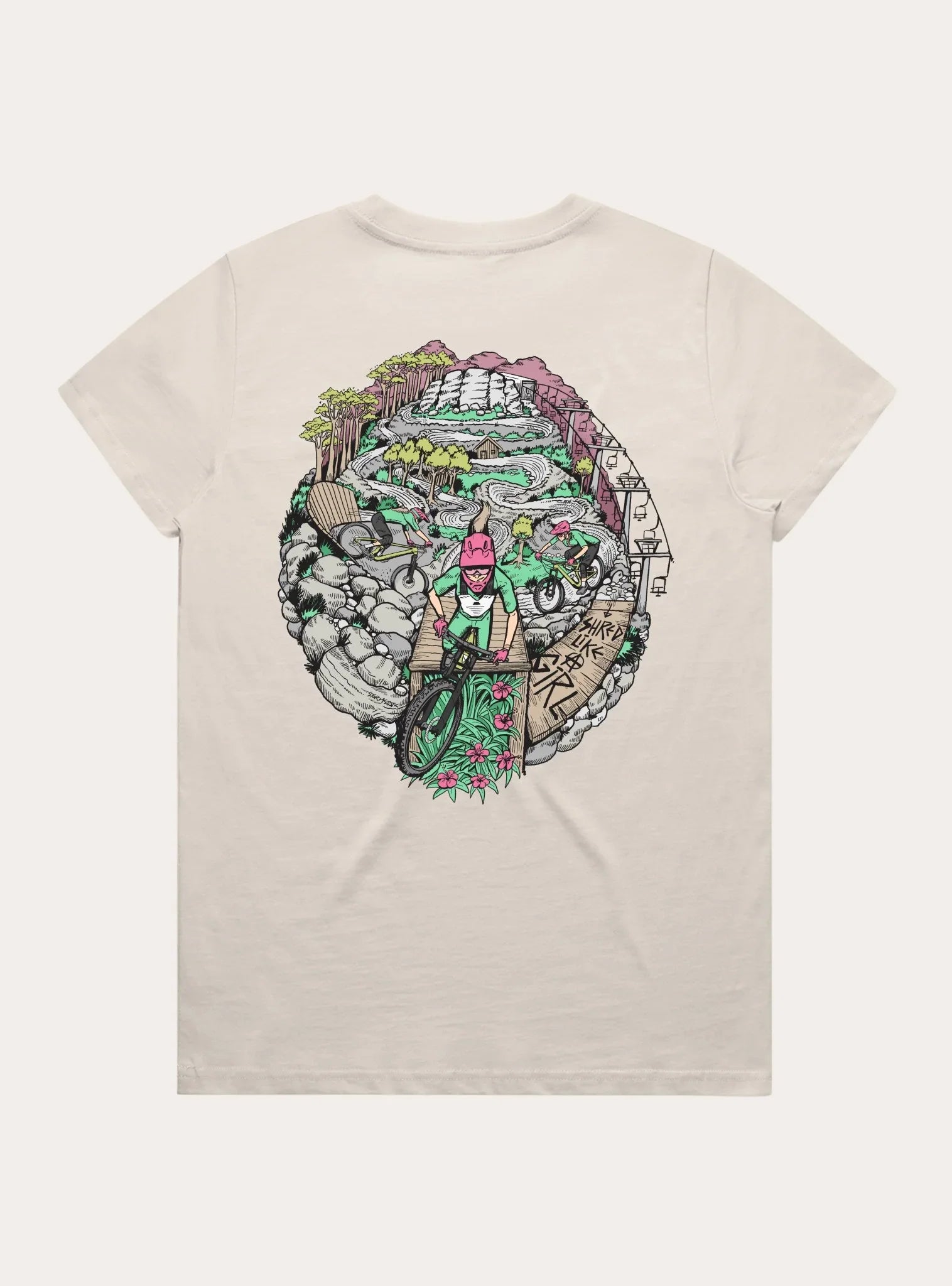 Light beige t-shirt with colorful mountain bike trail and rider illustration on back, featuring nature and rocks