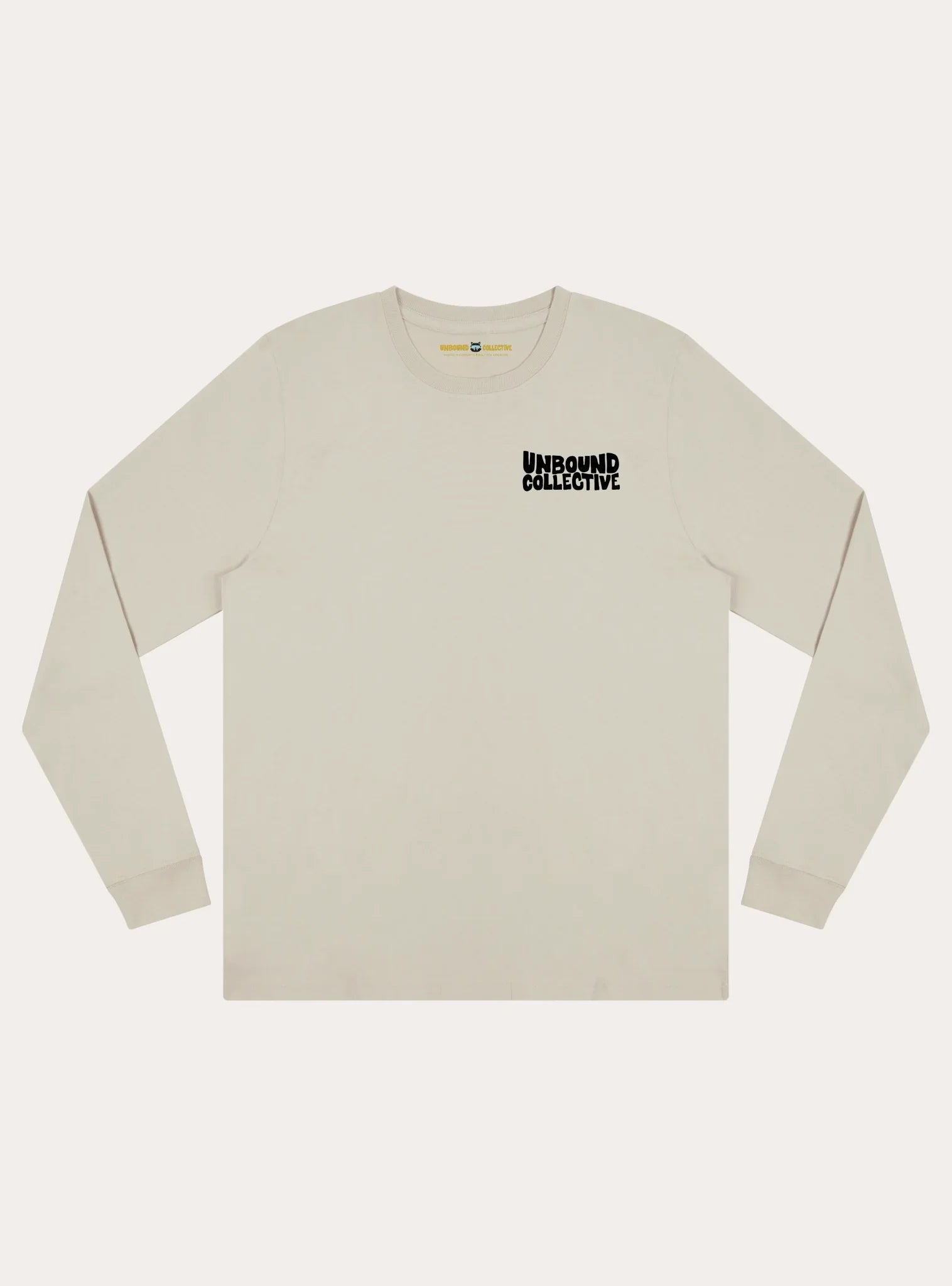 Unisex beige long sleeve tee with black Unbound Collective logo on chest, sustainable mountain bike apparel