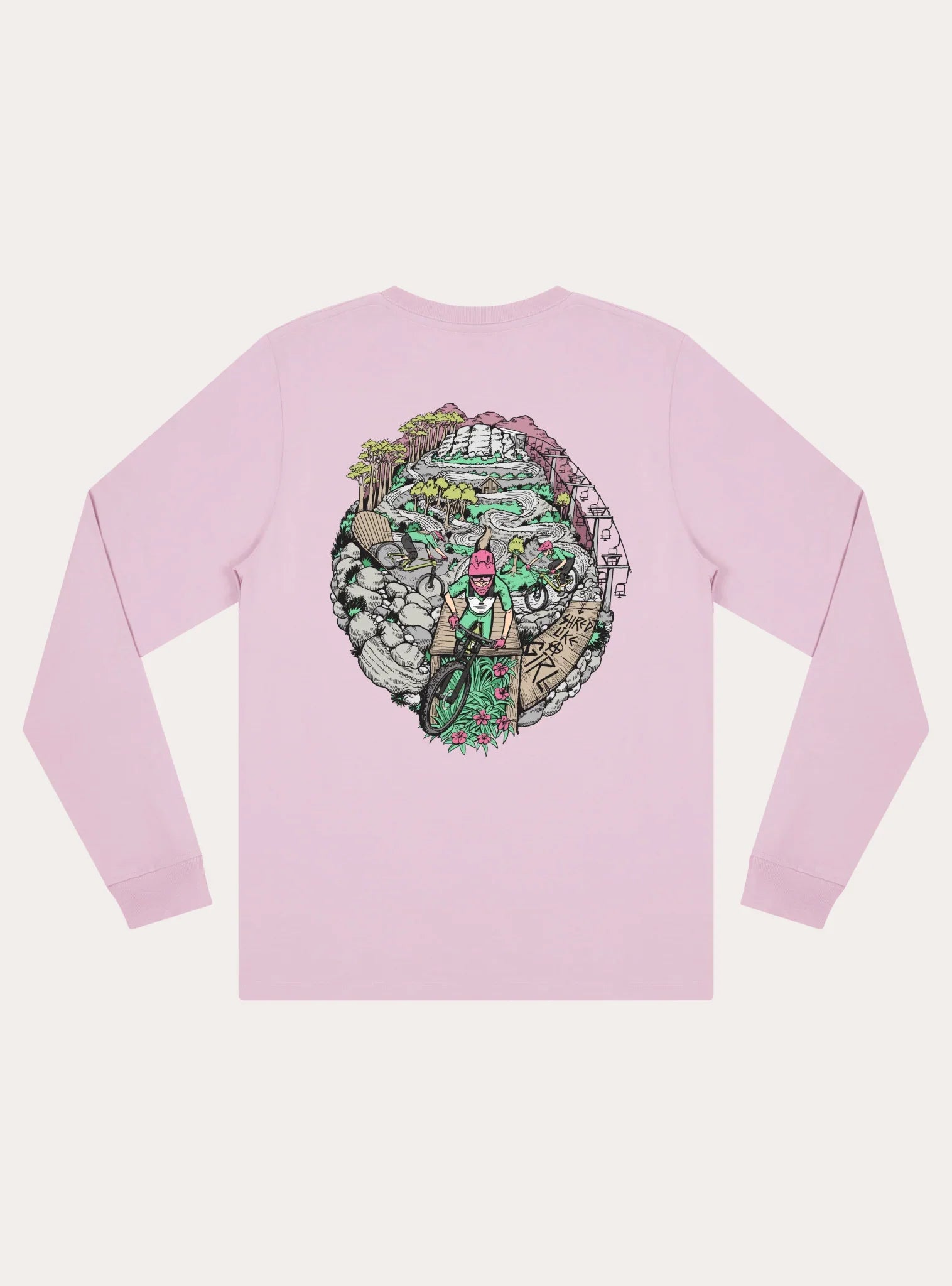 Light pink unisex long sleeve tee with colorful mountain biking trail illustration on back