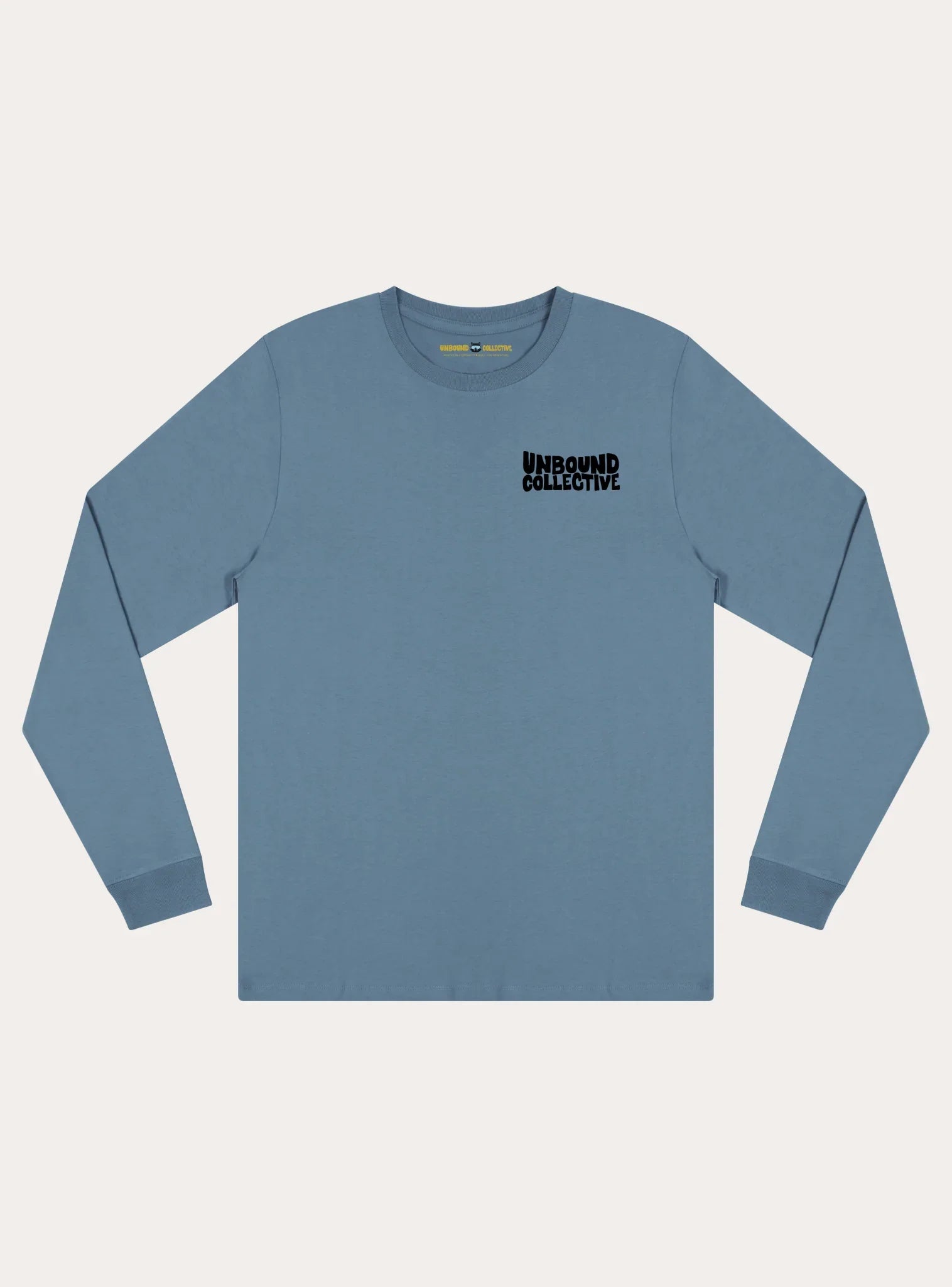Unbound Collective blue unisex long sleeve tee with black logo on chest, sustainable mountain bike apparel