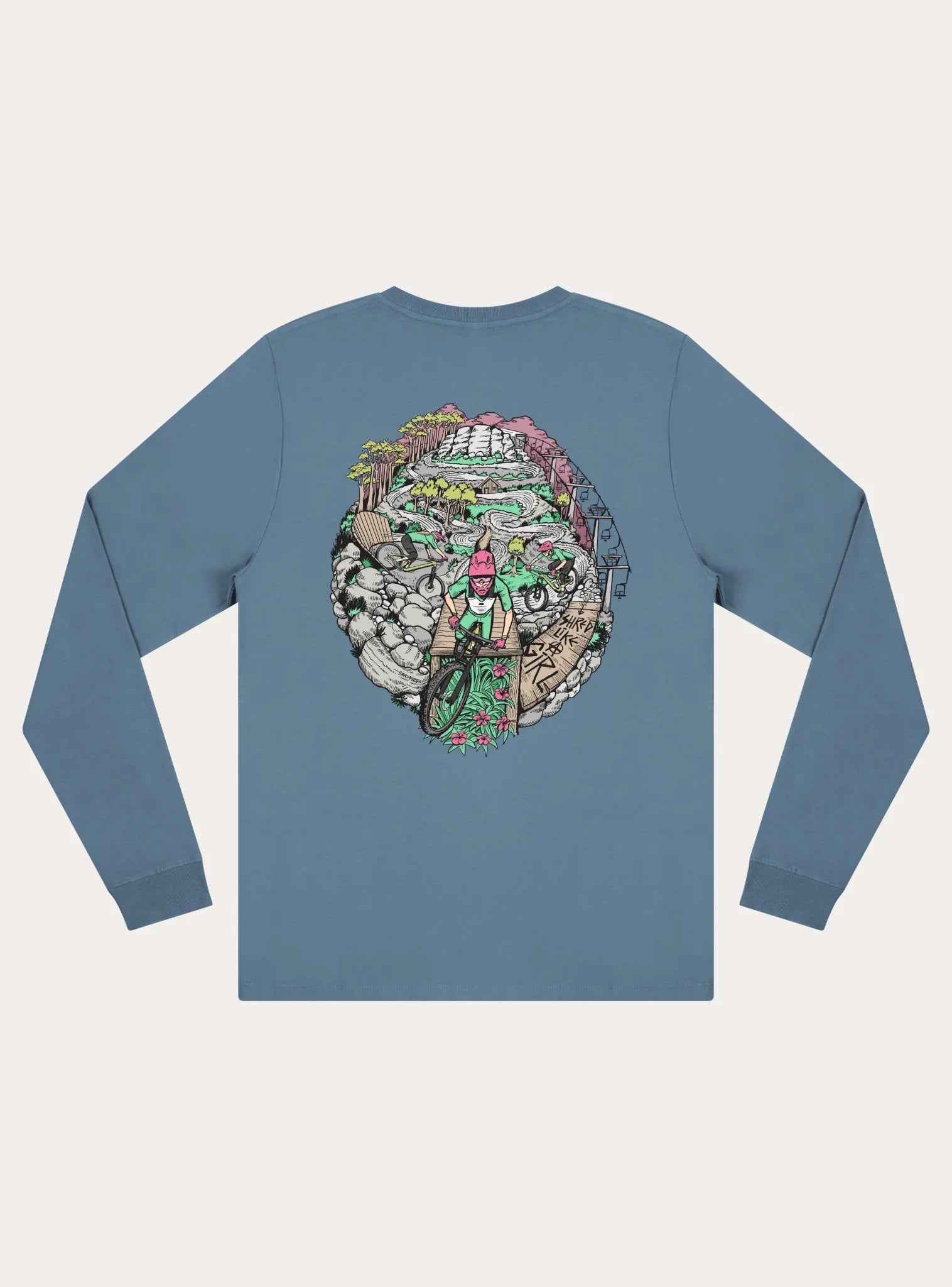 Unisex long sleeve tee in slate blue with colorful mountain biking trail graphic on back featuring riders and nature