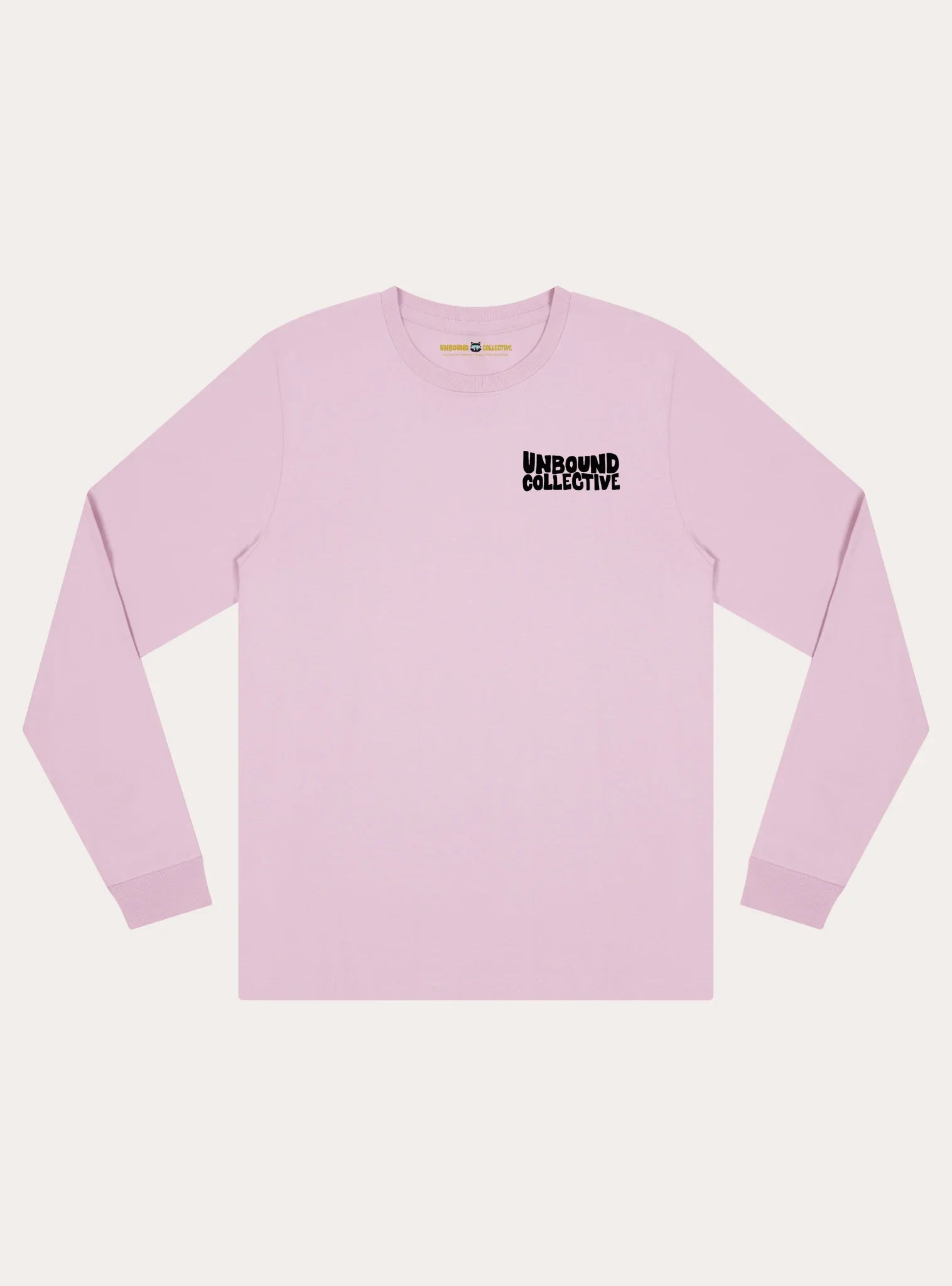 Light pink unisex long sleeve tee with black Unbound Collective logo on chest, sustainable mountain bike apparel