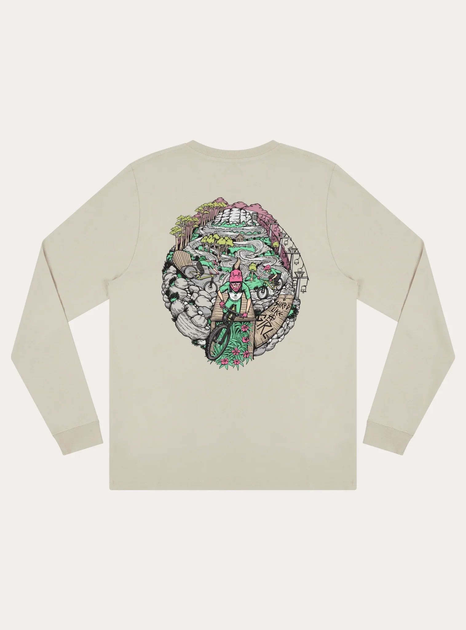 Unisex long sleeve beige tee with colorful mountain bike trail and rider graphic on the back