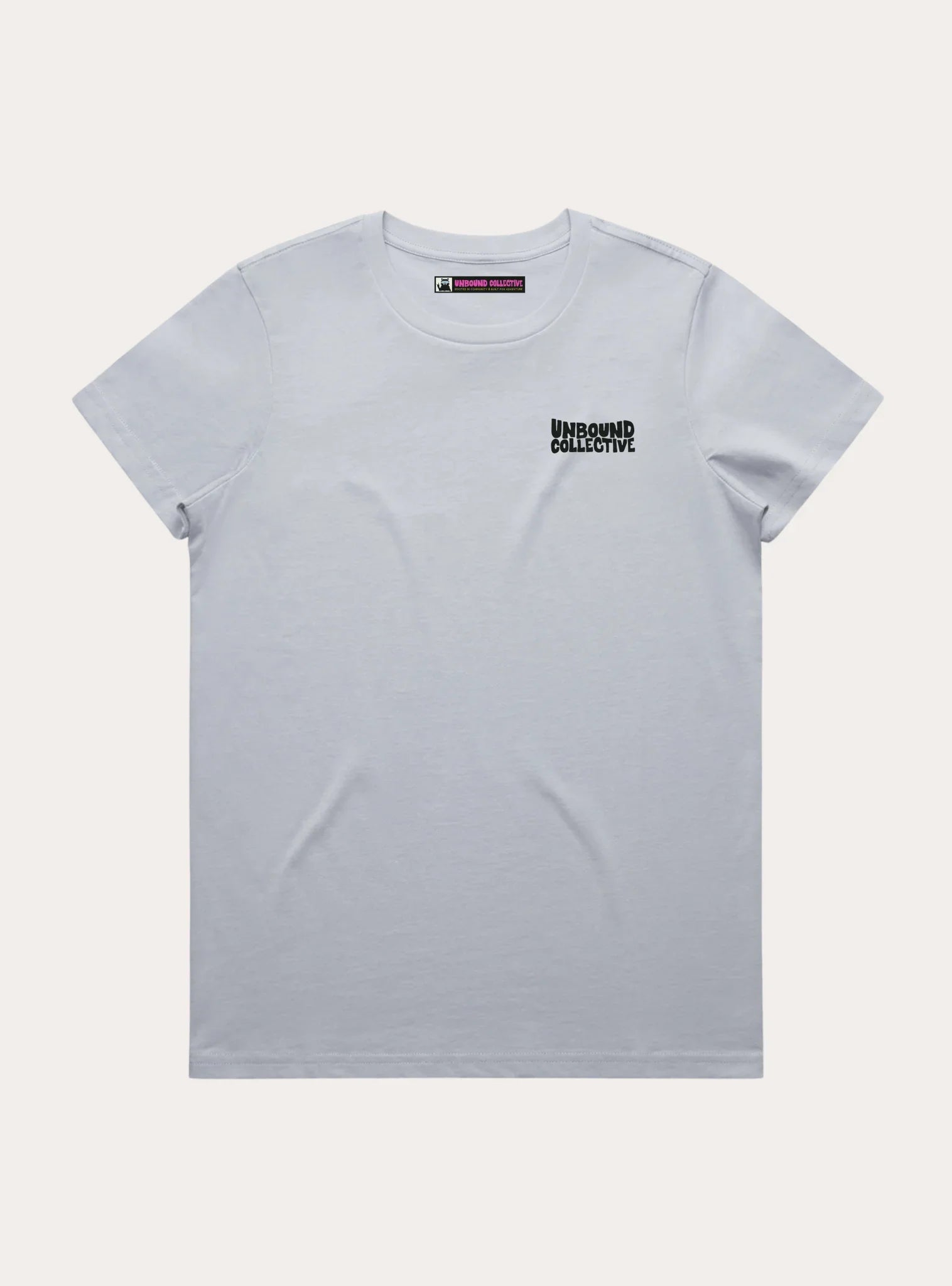 Light gray women's t-shirt with Unbound Collective logo on left chest, sustainable MTB apparel