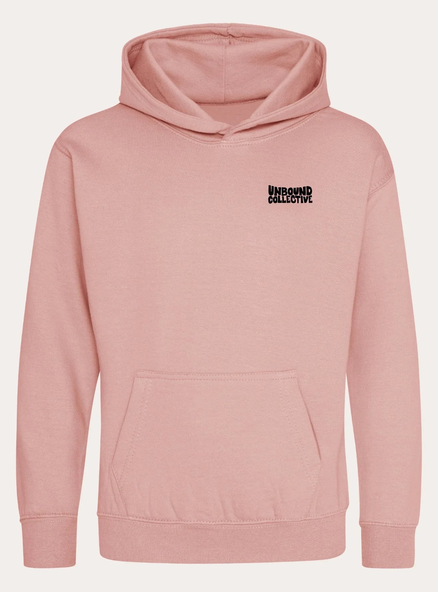 Pink youth hoodie with Unbound Collective logo on chest, featuring front pouch pocket and hood