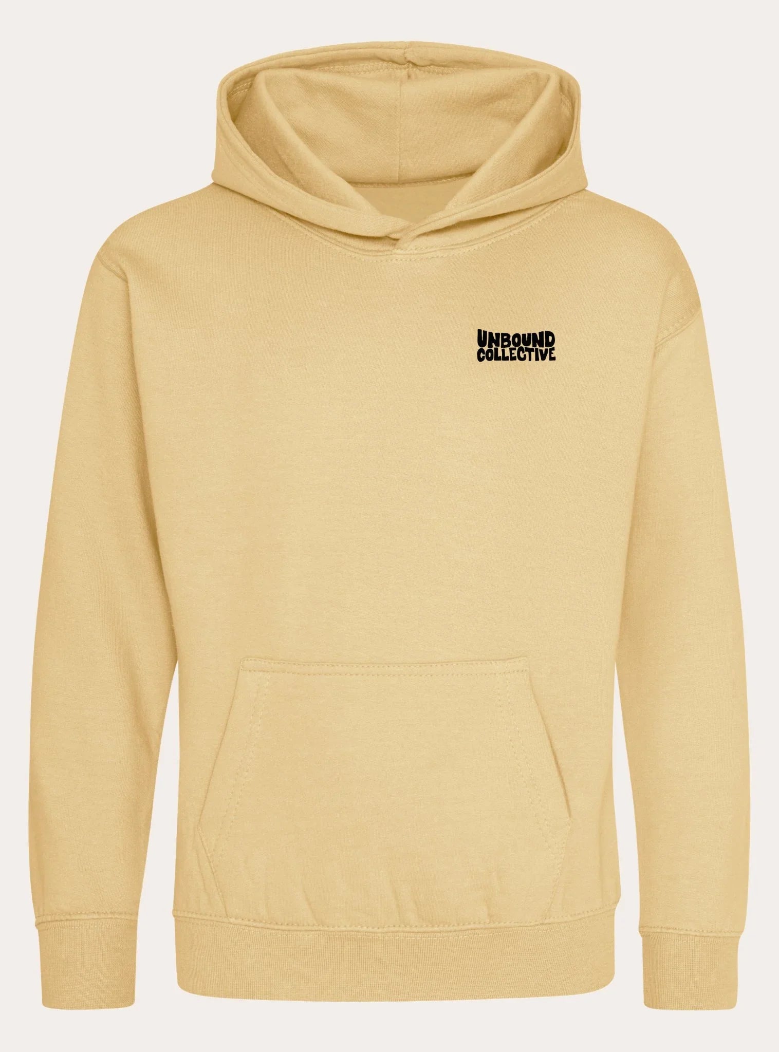 Beige youth hoodie with Unbound Collective logo, sustainable mountain bike apparel