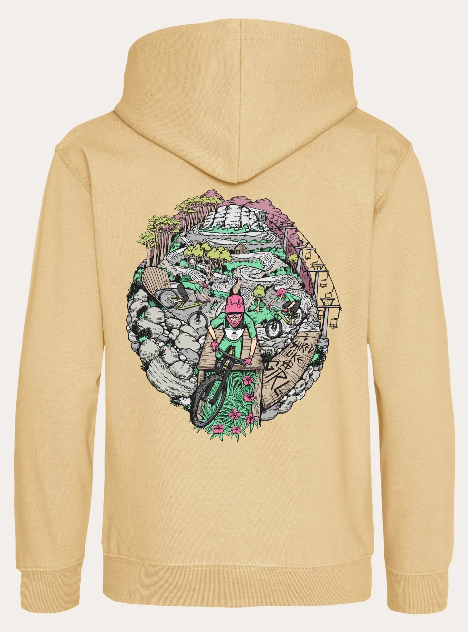 Beige youth hoodie with colorful mountain bike trail graphic and riders, featuring 'SHRED LIKE A GIRL' text