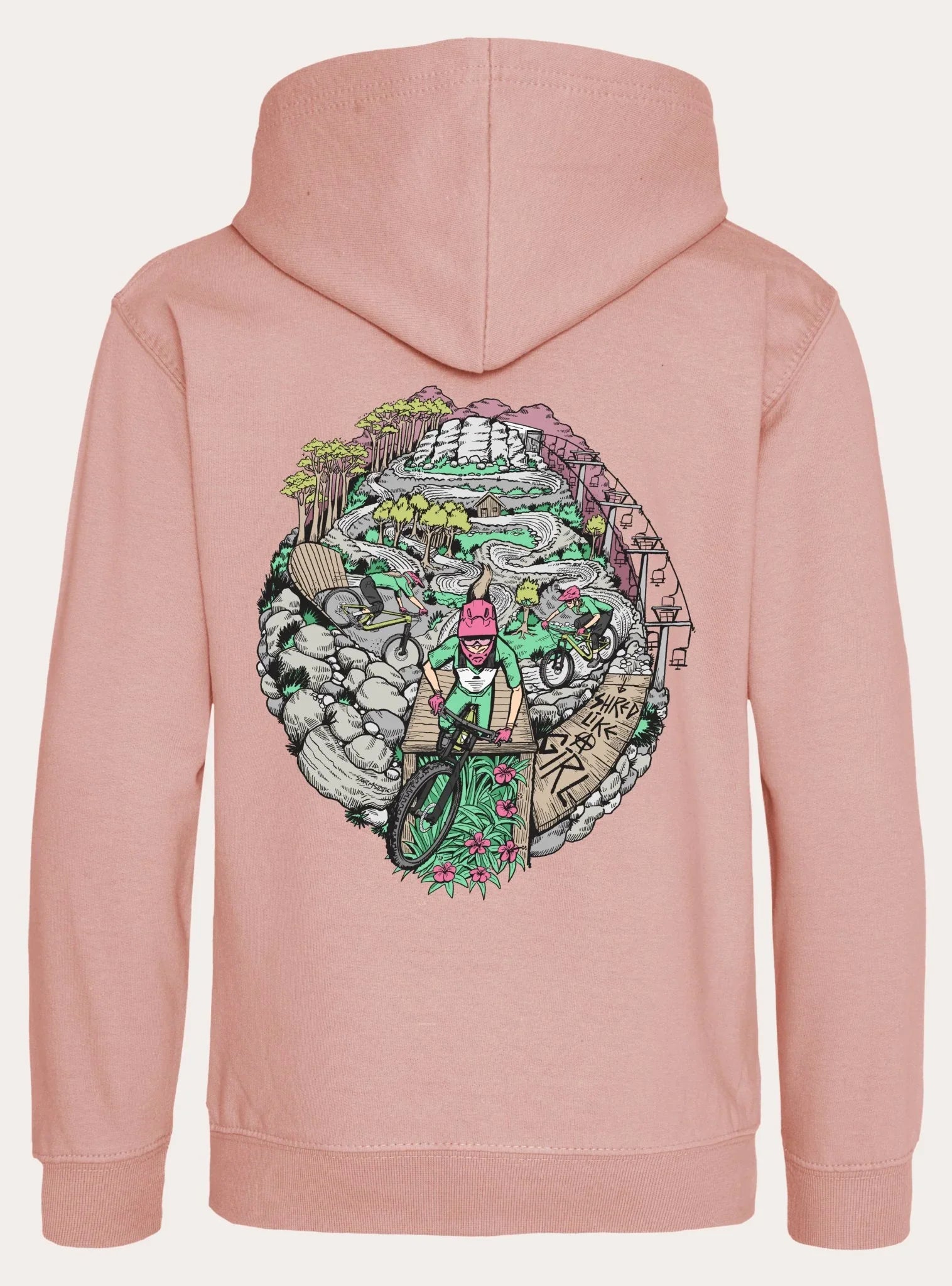 Pink youth hoodie with colorful mountain bike trail illustration featuring female cyclists and nature elements on the back