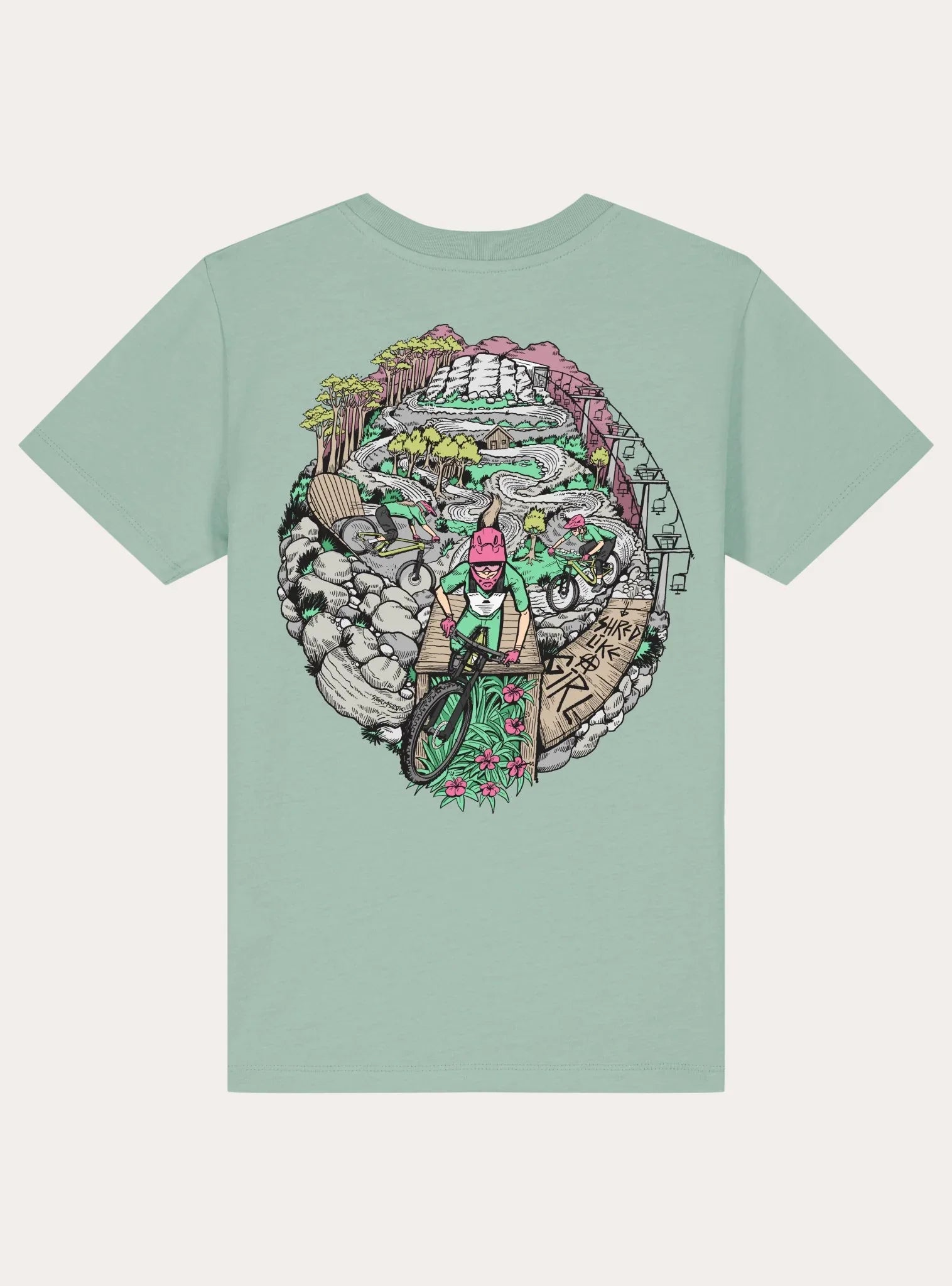 Mint green youth tee with colorful mountain bike trail graphic featuring riders, trees, and rocks