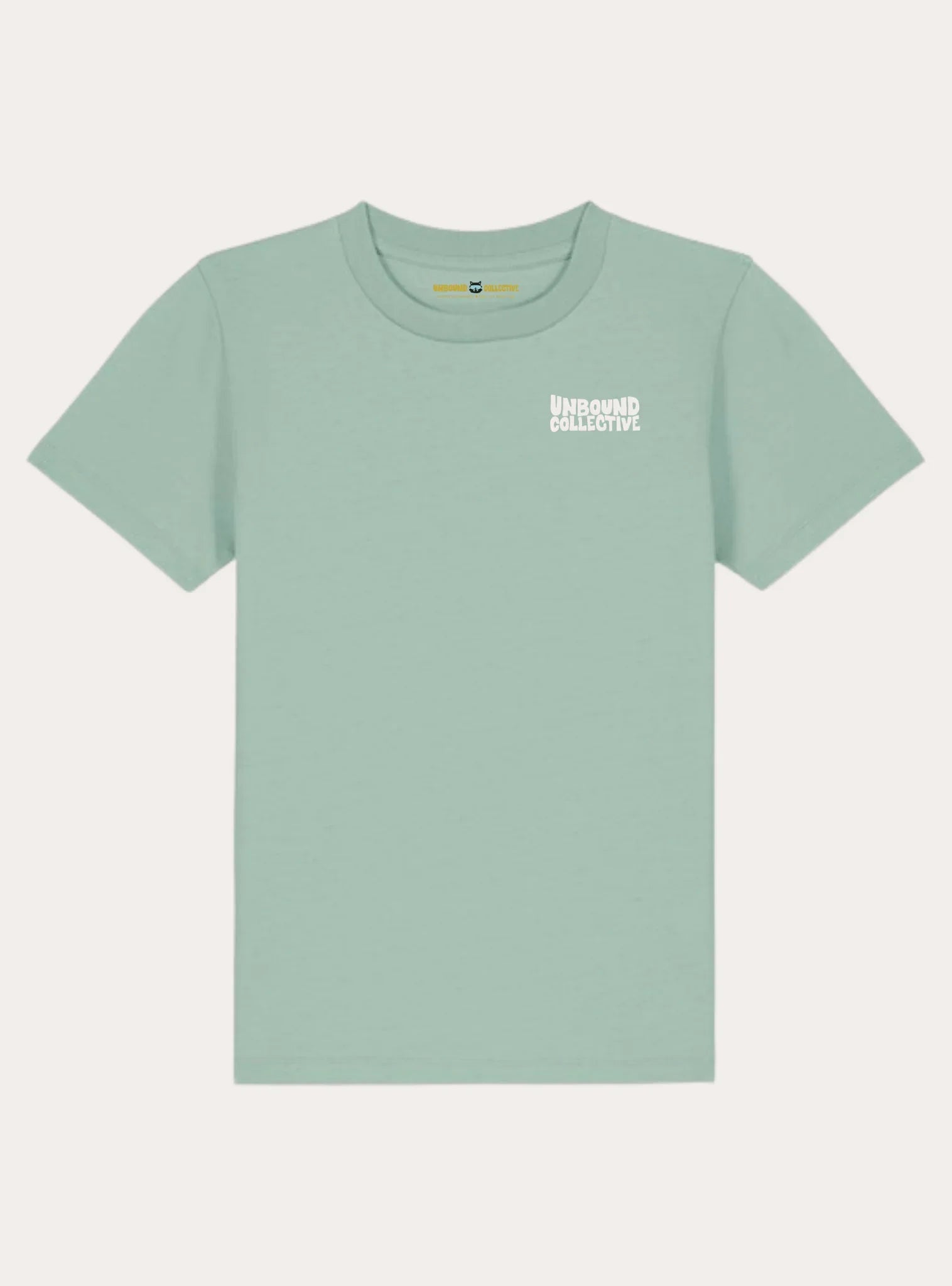 Mint green kids t-shirt with Unbound Collective logo for sustainable mountain bike apparel