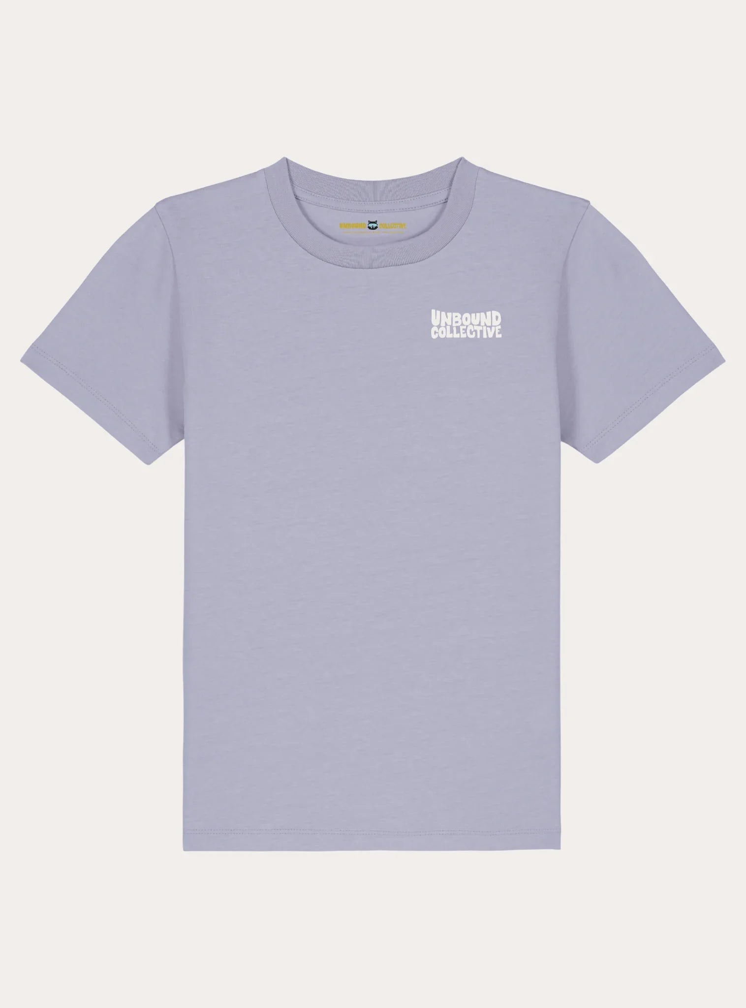 Light purple kids' t-shirt with Unbound Collective logo printed on chest, sustainable mountain bike apparel
