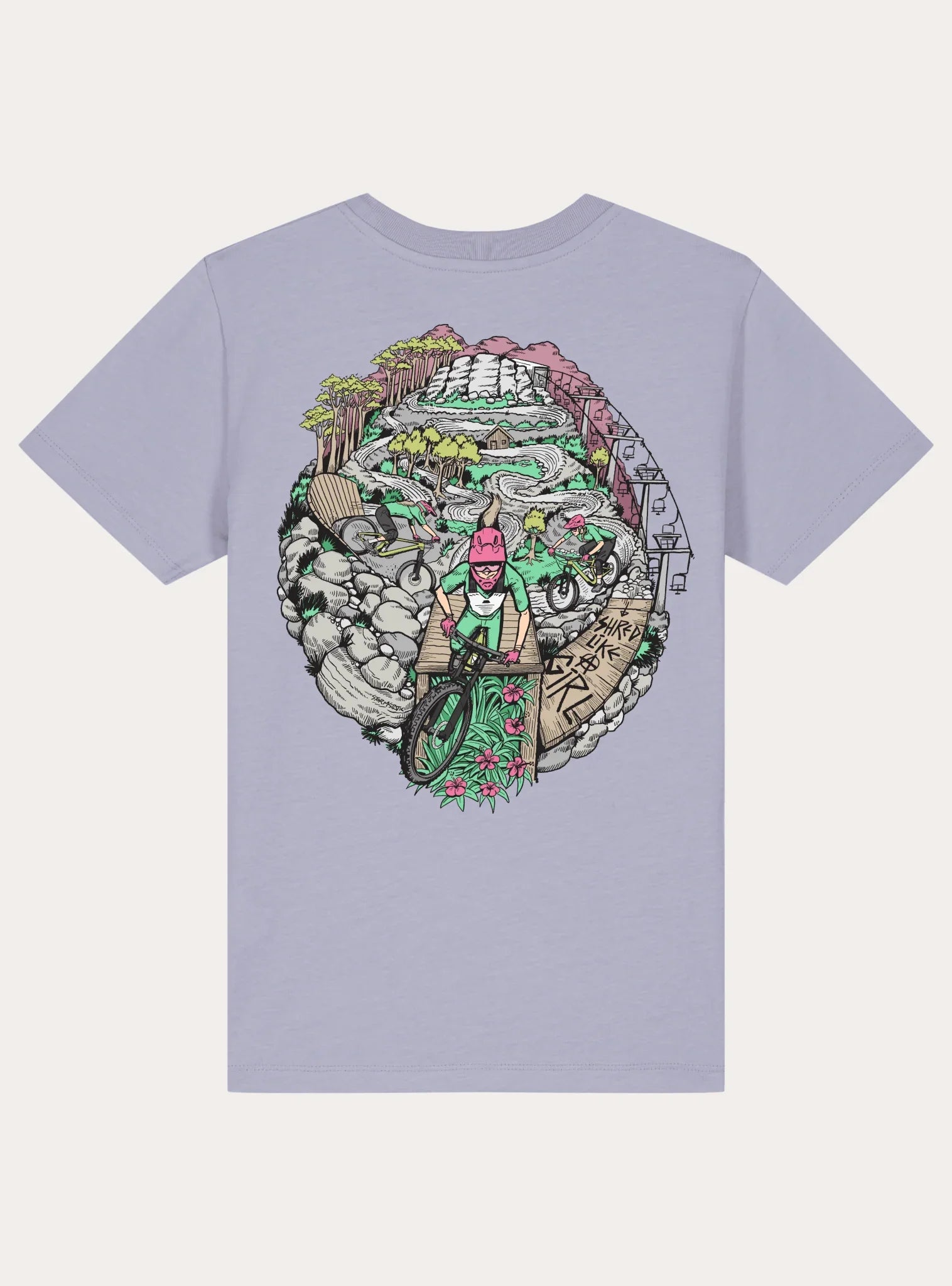 Light purple youth T-shirt with colorful mountain biking graphic featuring riders on forest trail and wooden ramp