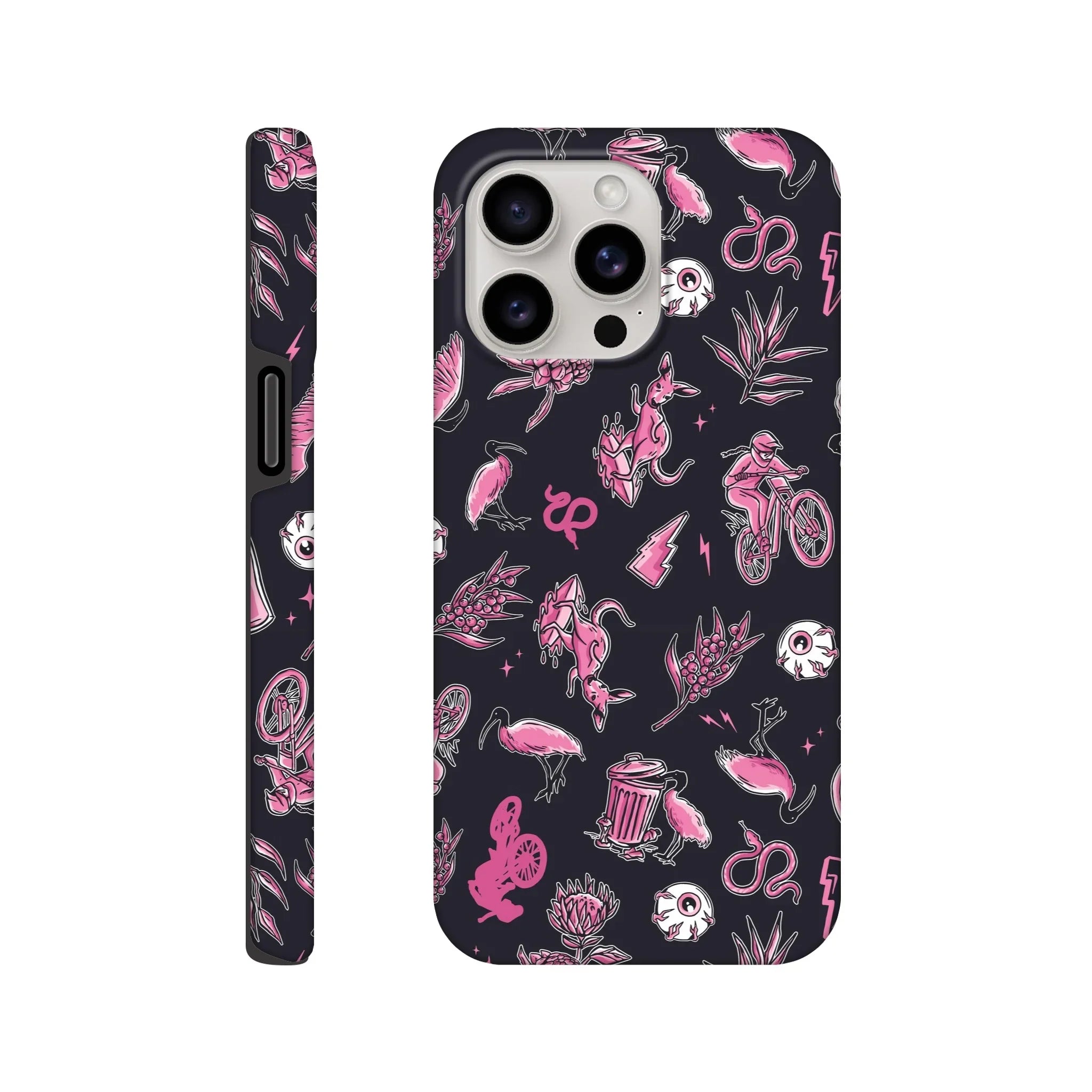 Black phone case with pink and white mountain bike, kangaroo, flamingo, snake, and floral pattern design