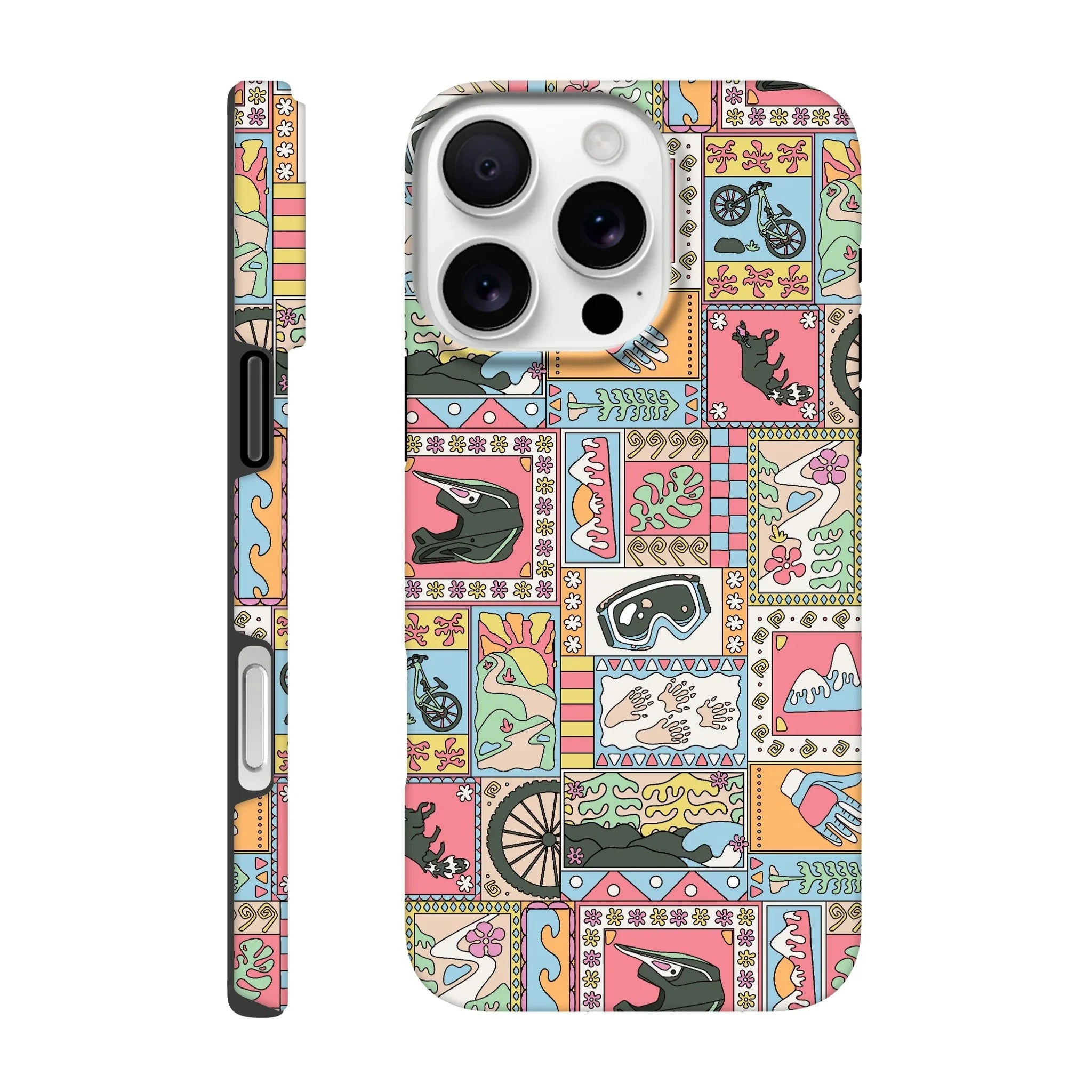 Colorful mountain bike themed phone case with helmet, goggles, bike, gloves, and nature art design