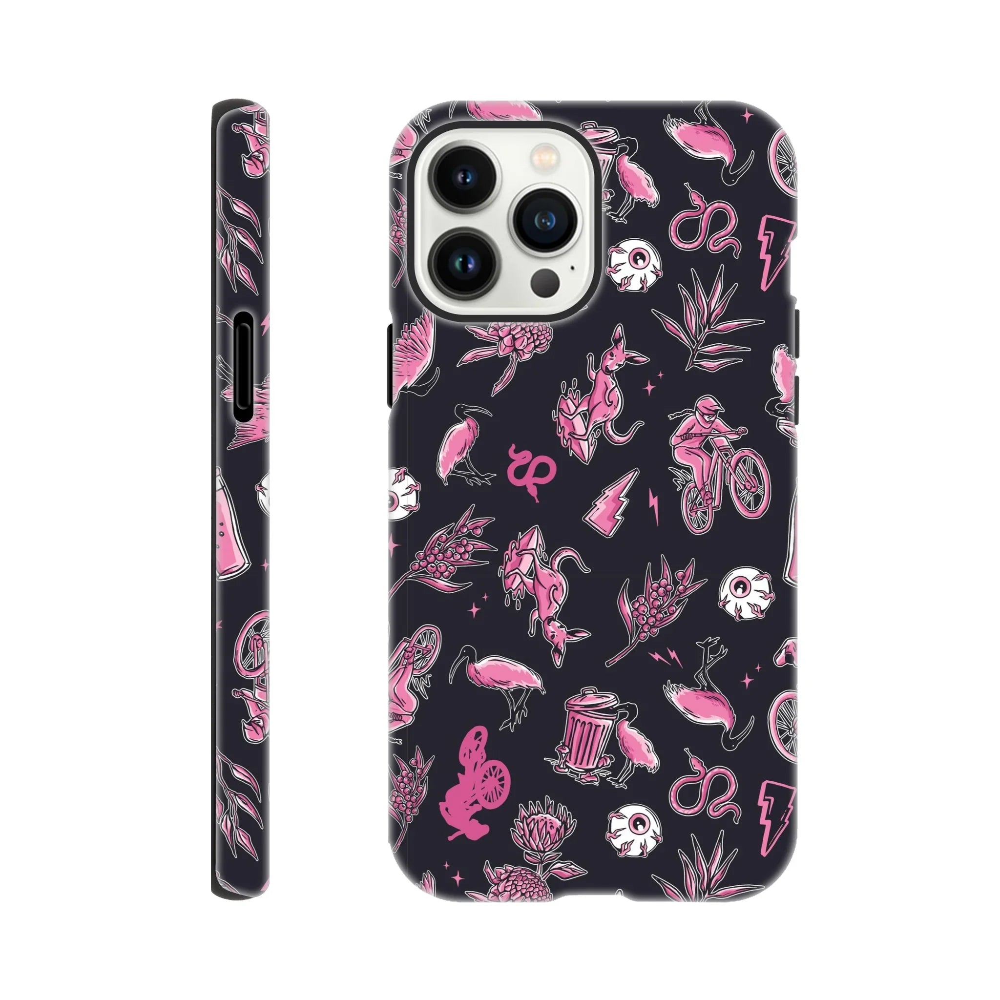 Black phone case with pink and white mountain bike and nature pattern featuring biker, kangaroo, birds, skulls, and plants