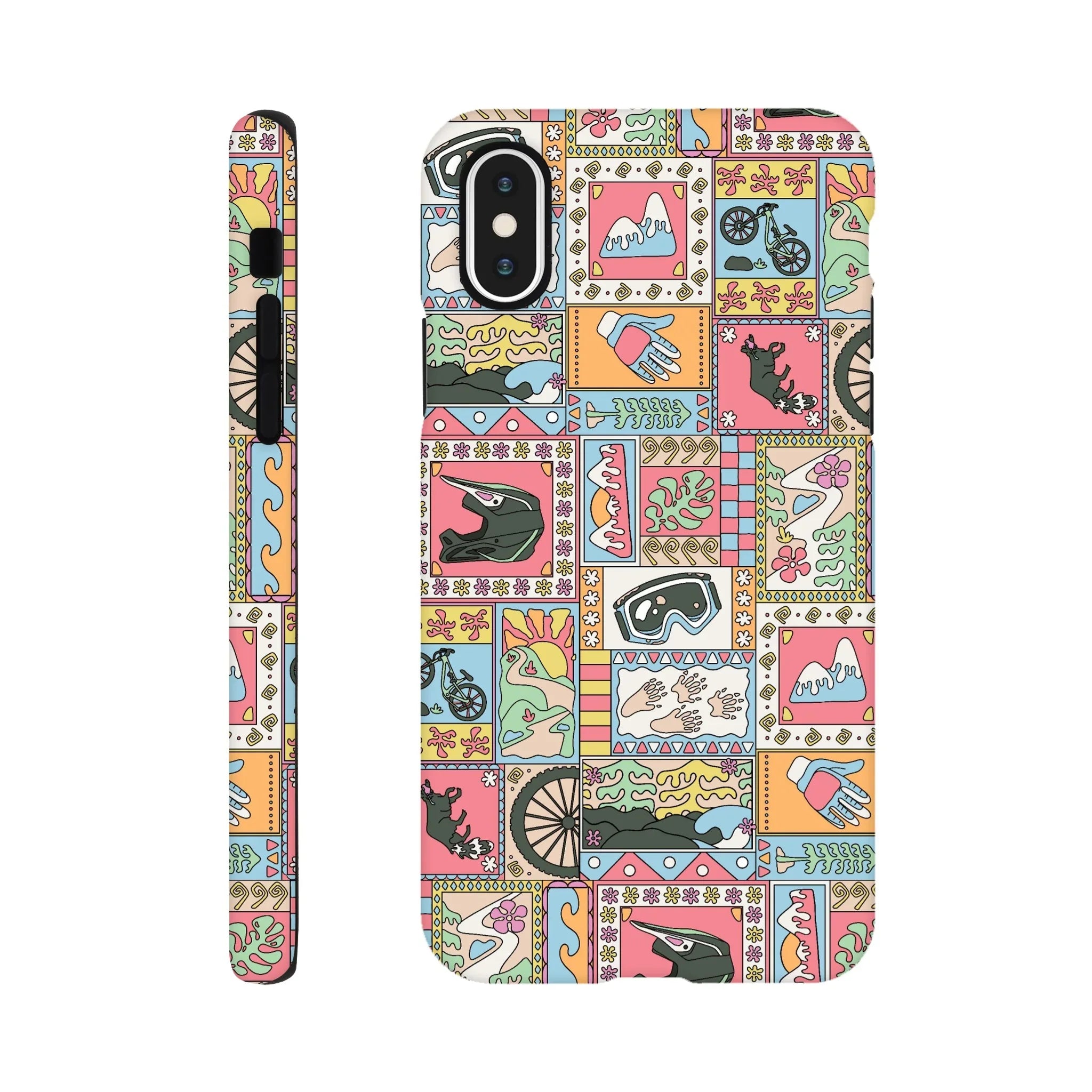 Colorful mountain bike-themed phone case with helmets, gloves, bikes, mountains, and nature patterns