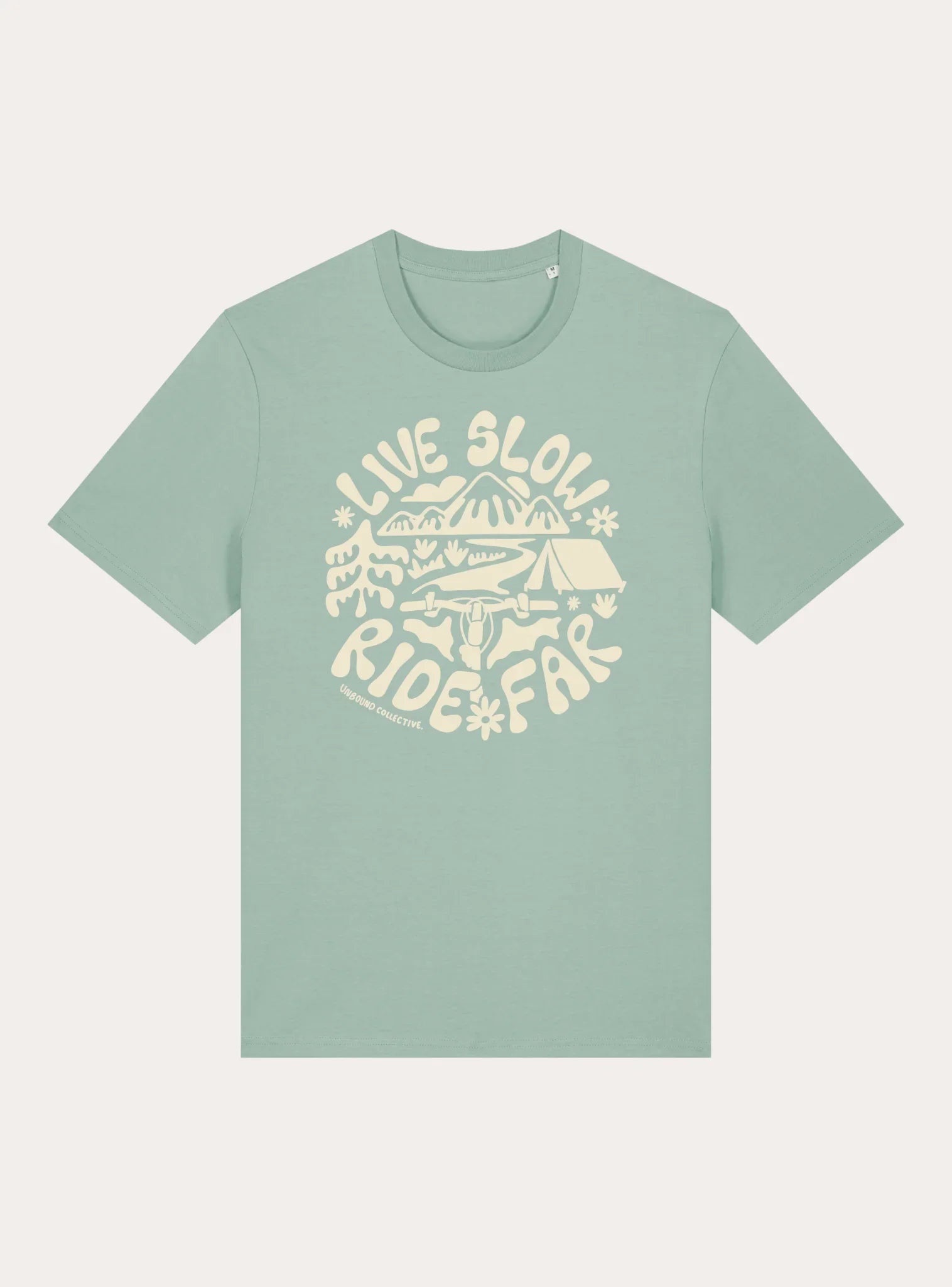 Sage green unisex tee with cream graphic of mountains, bike handlebars, camping tent, and text 'Live Slow Ride Far' by Unbound Collective