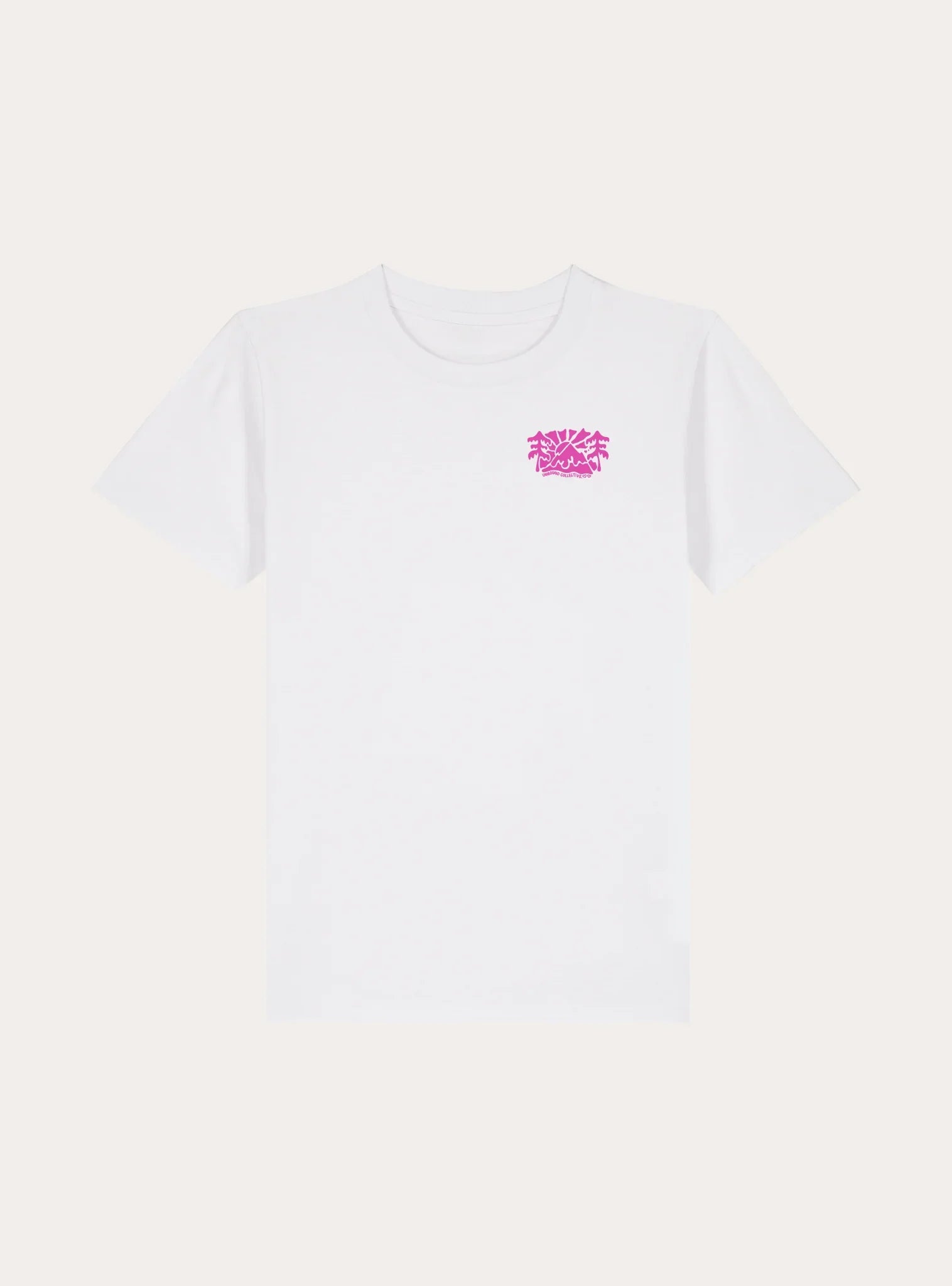 White sustainable cotton tee with small pink mountain and tree nature graphic on chest