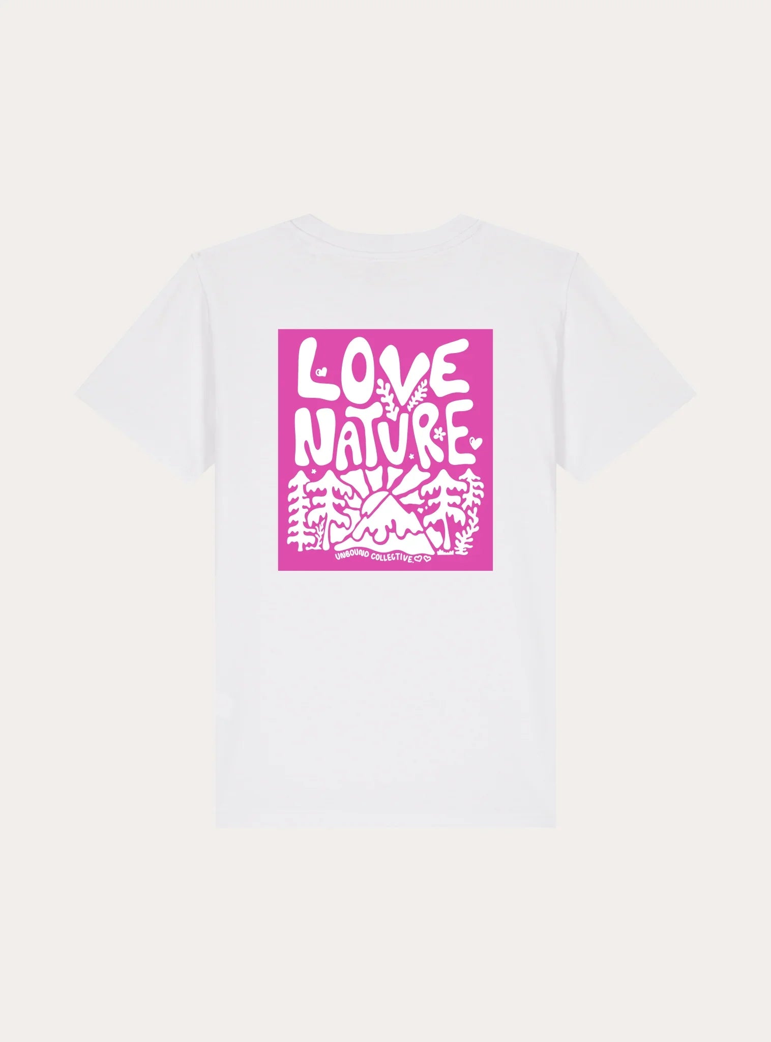White tee shirt with pink square graphic on back featuring text 'LOVE NATURE' and mountain nature design for sustainable MTB apparel