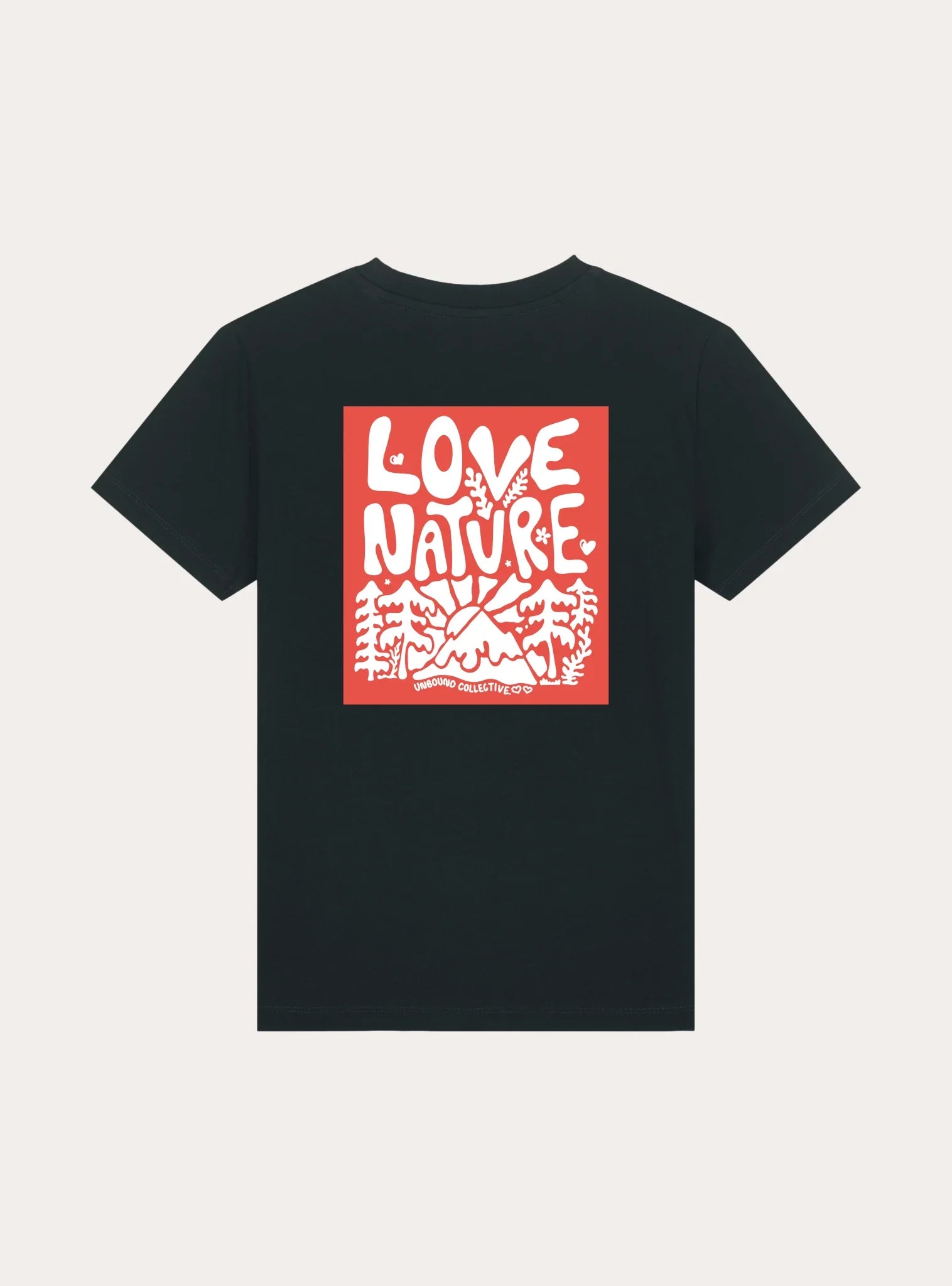 Black youth T-shirt with red and white Love Nature graphic featuring trees, sun, and mountains, sustainable MTB apparel
