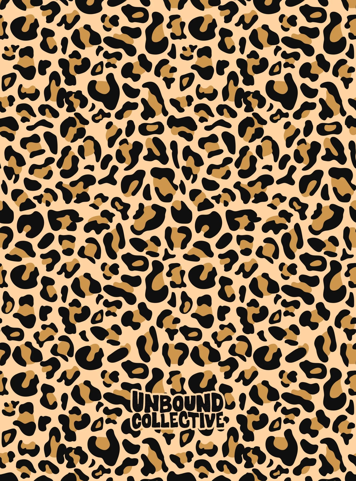 Leopard print neck tube with black and brown spots on beige background, featuring Unbound Collective logo