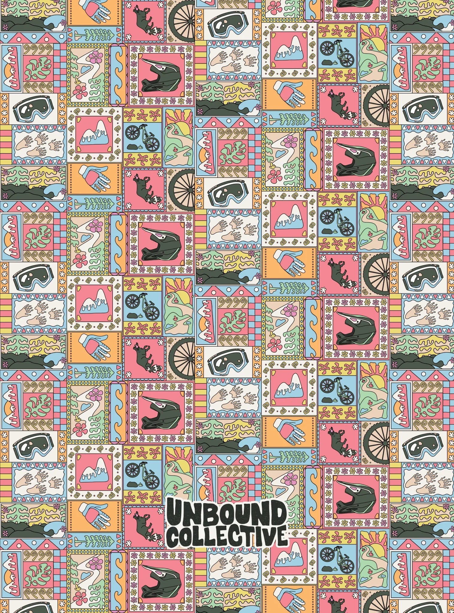 Colorful repeating mountain bike-themed pattern with helmets, gloves, bikes, mountains, goggles, and Unbound Collective logo