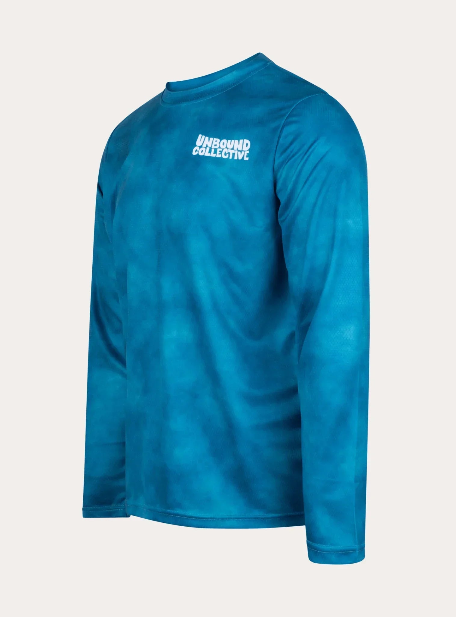 Sustainable men's long sleeve mountain bike jersey in ocean blue with Unbound Collective logo