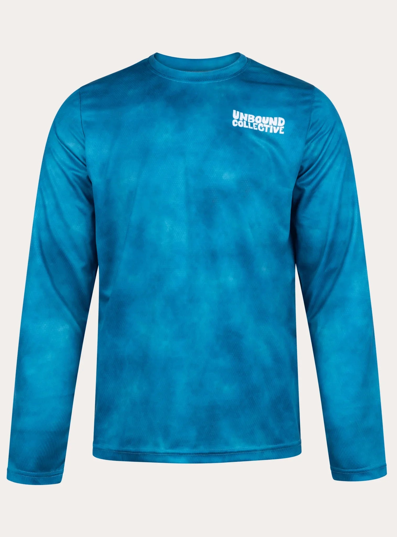 Blue long sleeve men's mountain bike jersey with Unbound Collective logo on chest, breathable fabric