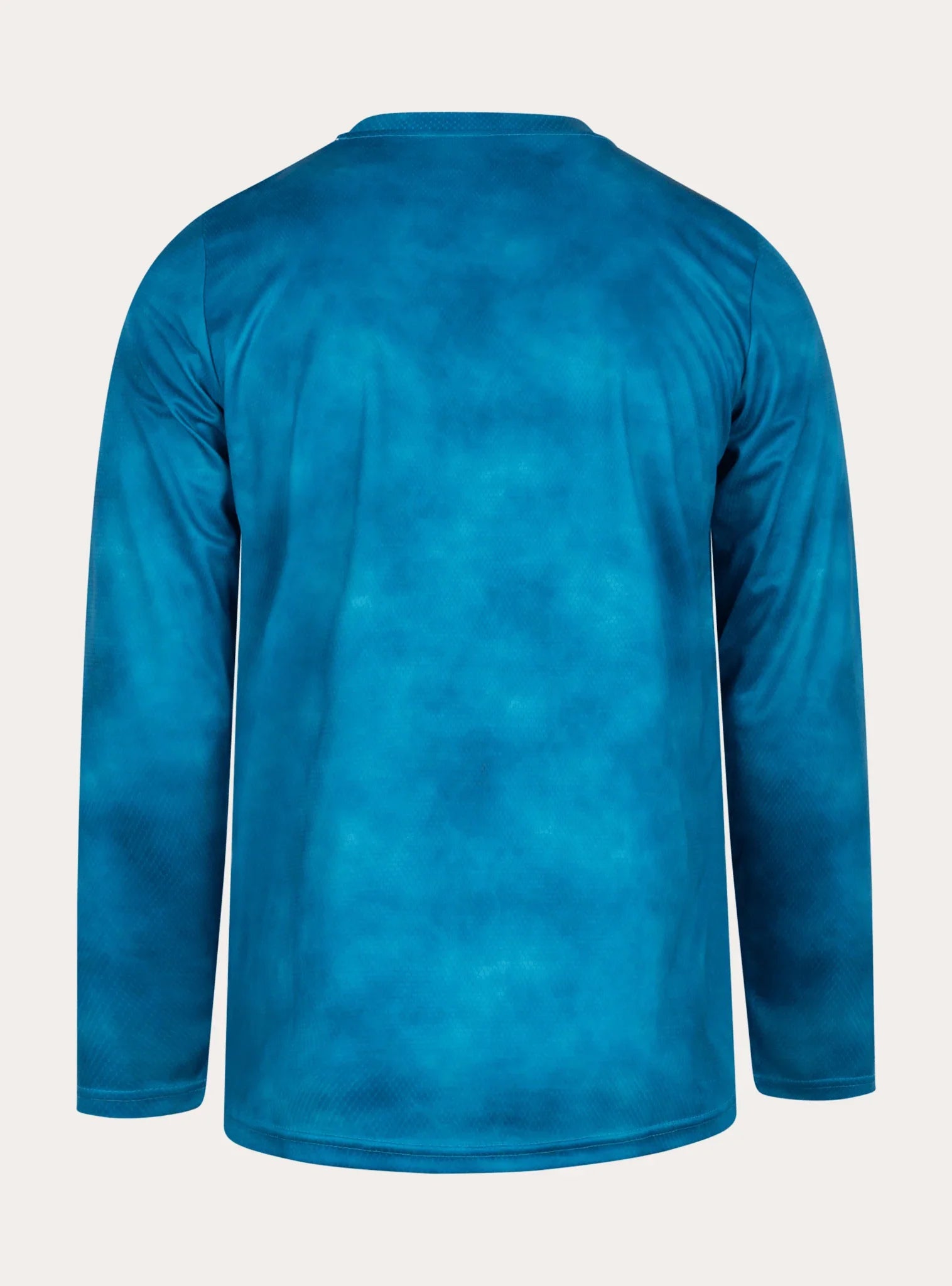 Back view of men's long sleeve mountain bike jersey in ocean blue with subtle textured pattern