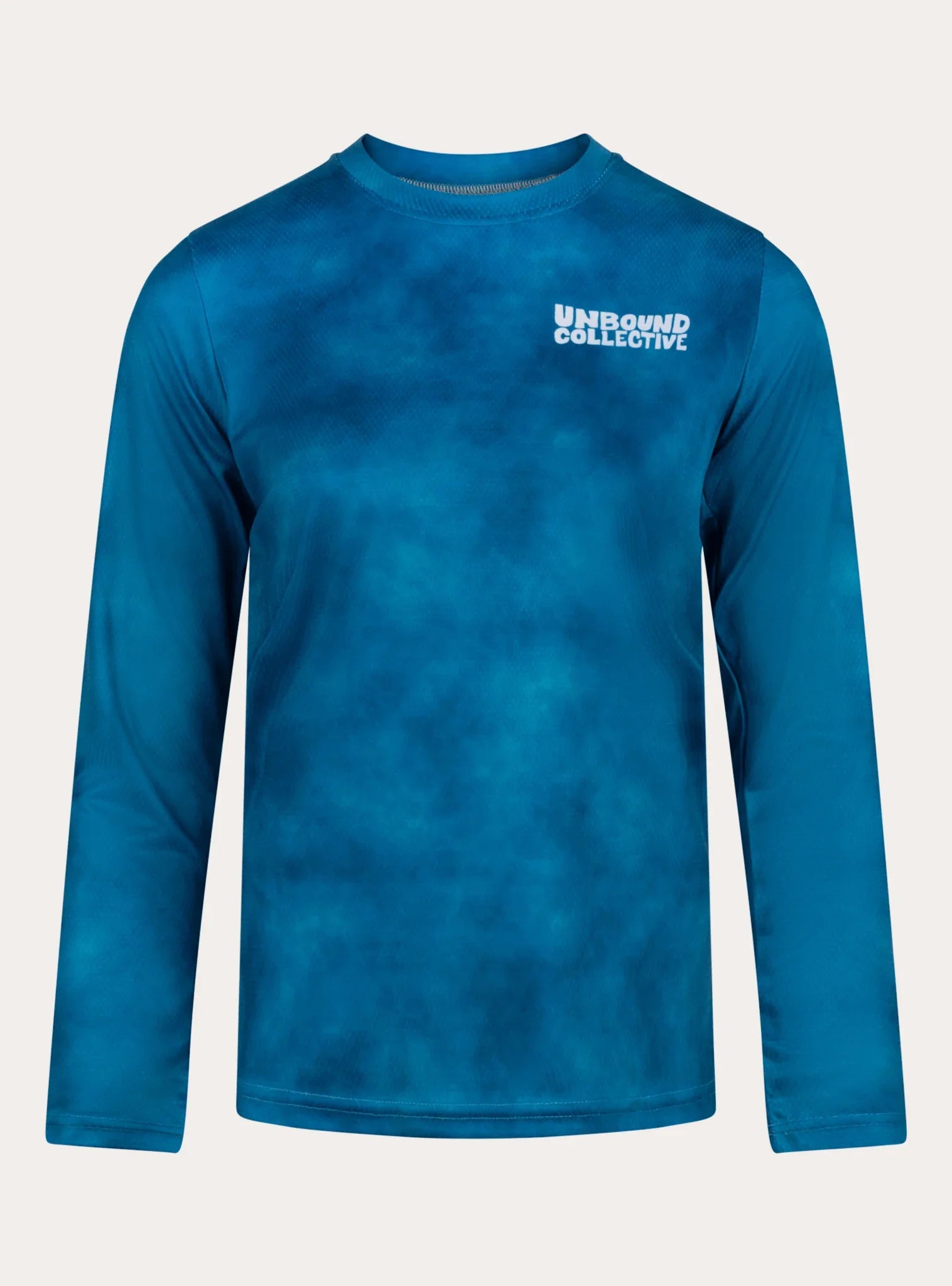 Unbound Collective blue long sleeve mountain bike jersey with subtle textured pattern and logo on chest