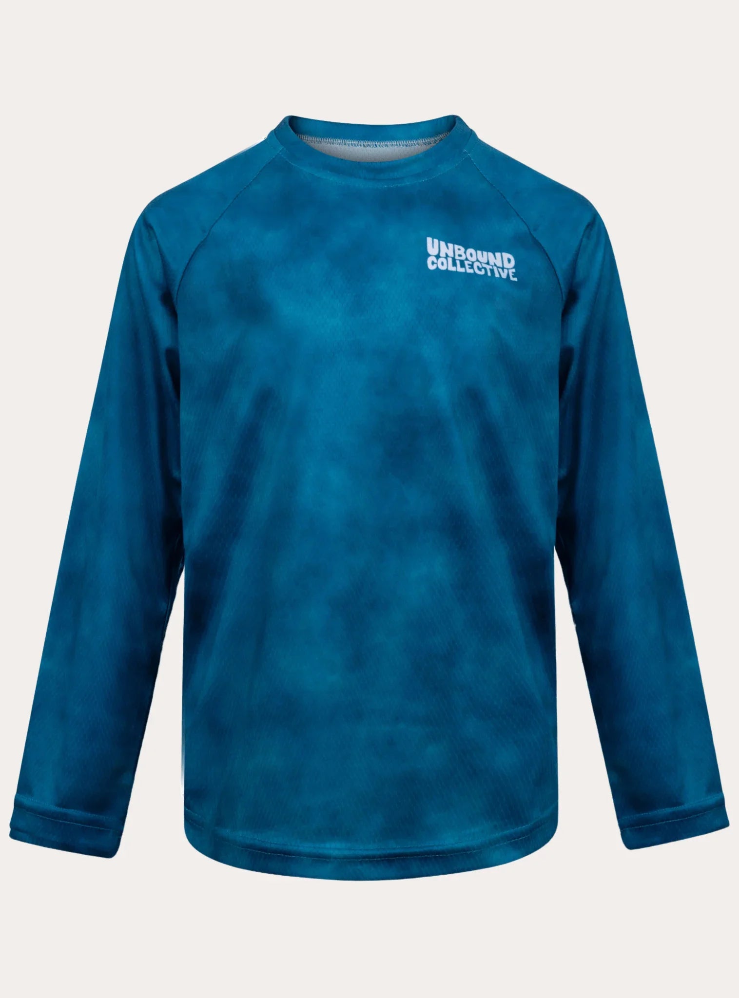Ocean blue long sleeve mountain bike jersey with Unbound Collective logo, sustainable MTB apparel