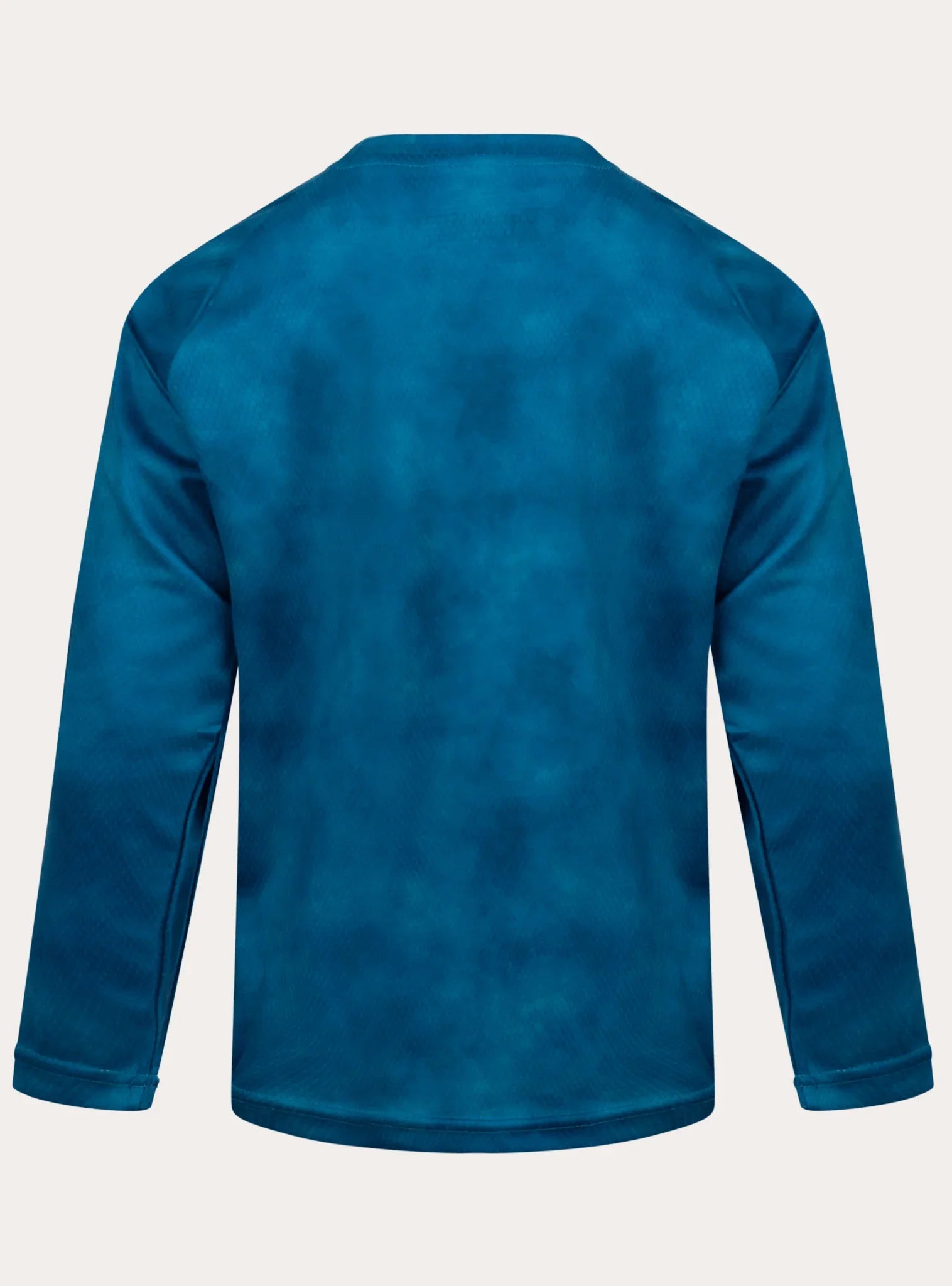 Back view of a blue ocean-themed long sleeve mountain bike jersey by Unbound Collective