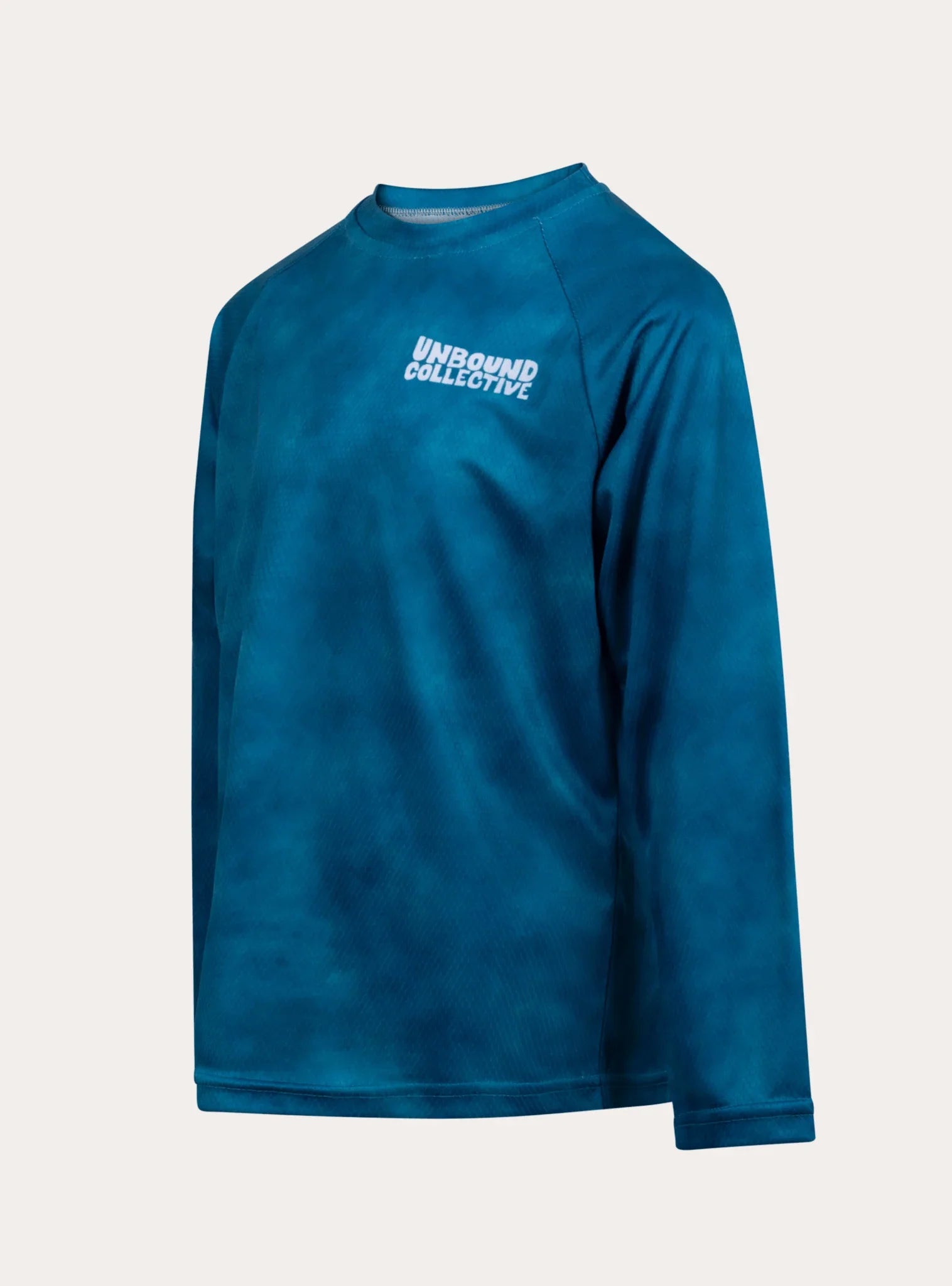 Blue long-sleeve sustainable mountain bike jersey with Unbound Collective logo on chest