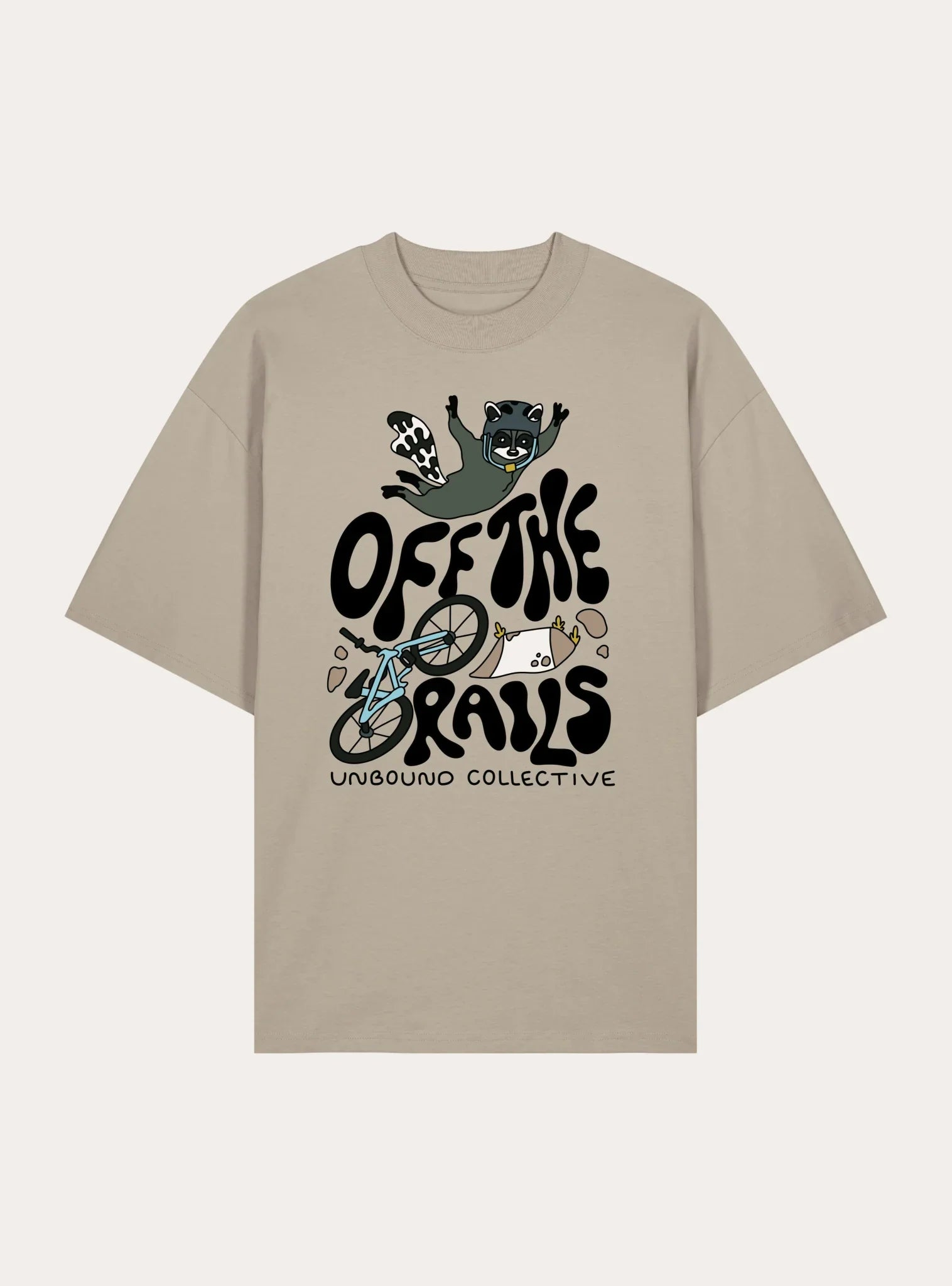 Beige oversized tee with cartoon raccoon in helmet falling off mountain bike and text Off The Rails from Unbound Collective