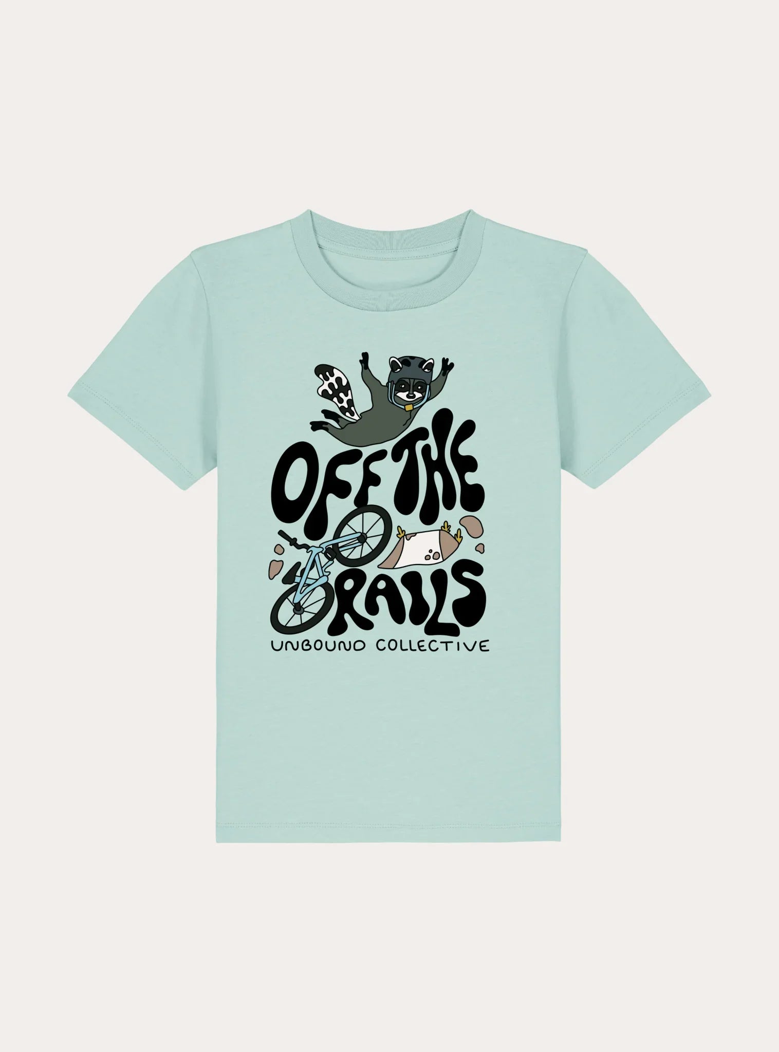 Light blue youth t-shirt with black graphic of a raccoon, mountain bike, and text Off The Trails Unbound Collective