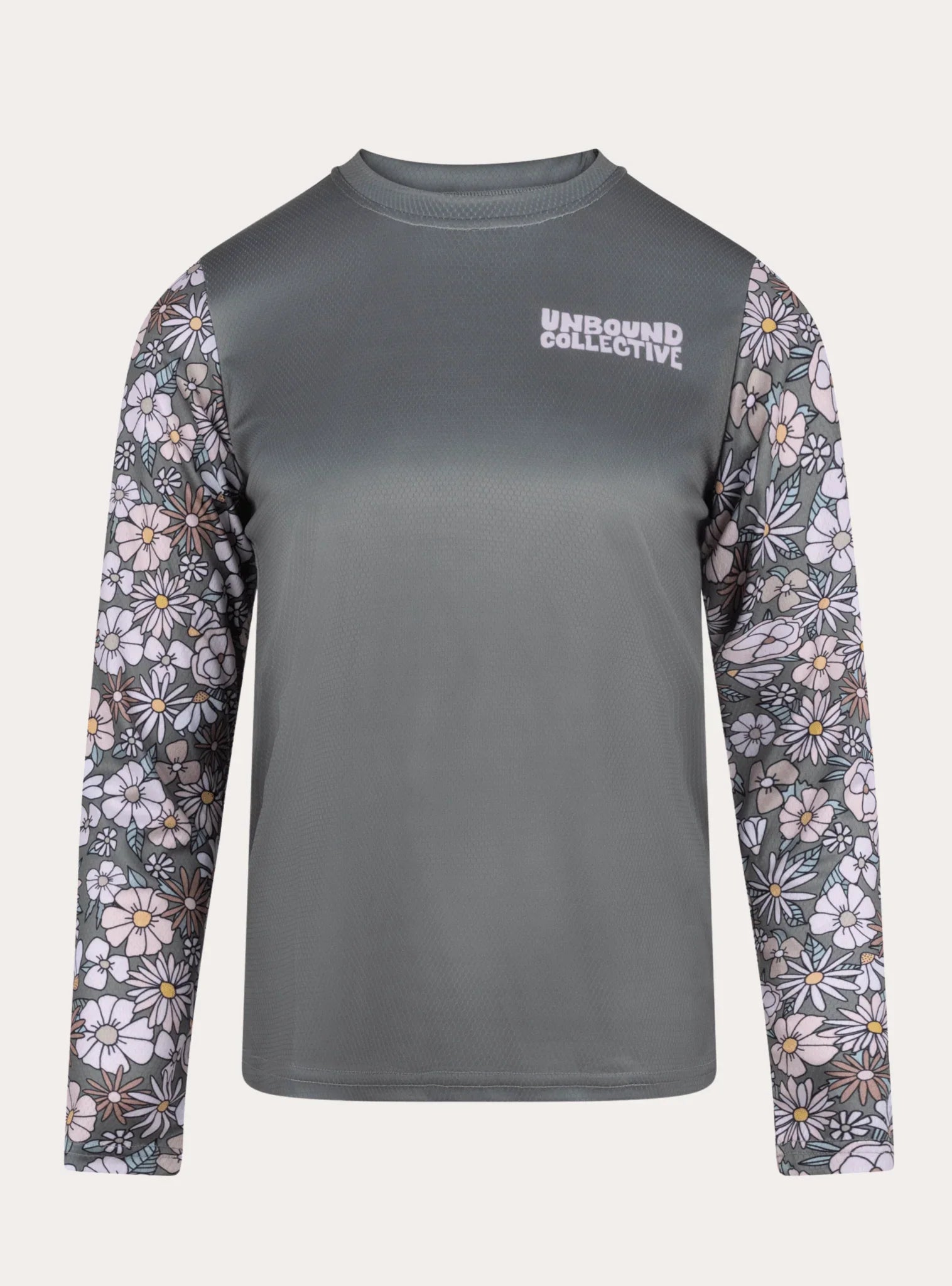 Women's sustainable mountain bike jersey with grey body and retro floral print long sleeves from Unbound Collective