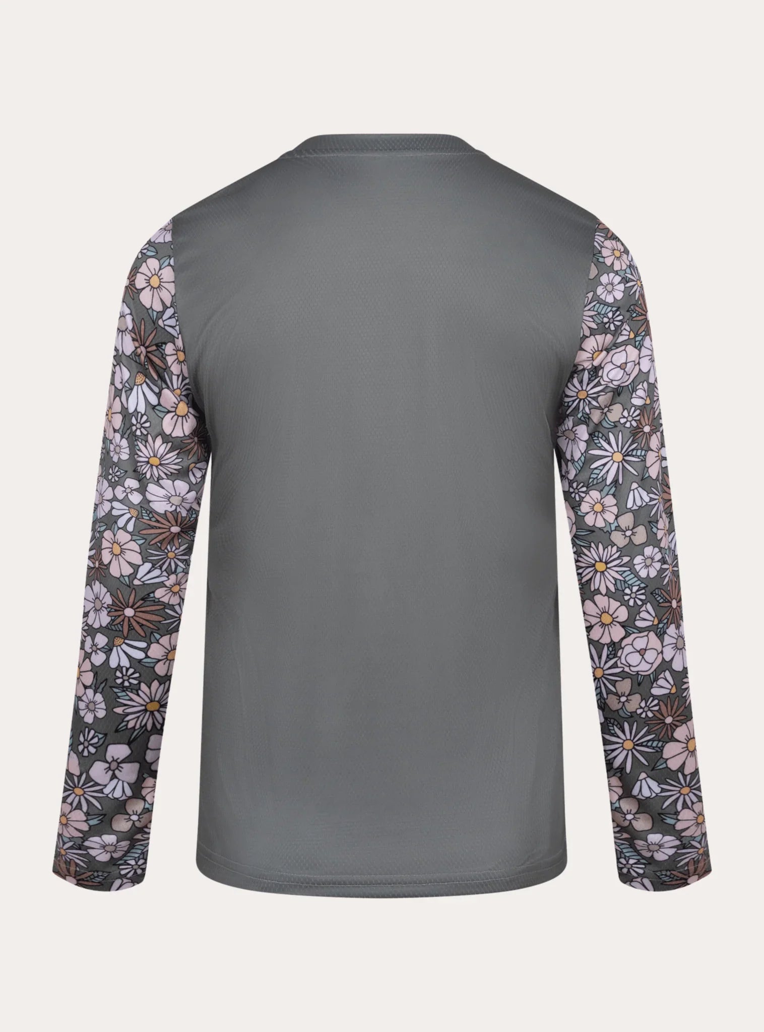 Back view of women's mountain bike jersey with solid gray body and floral patterned long sleeves